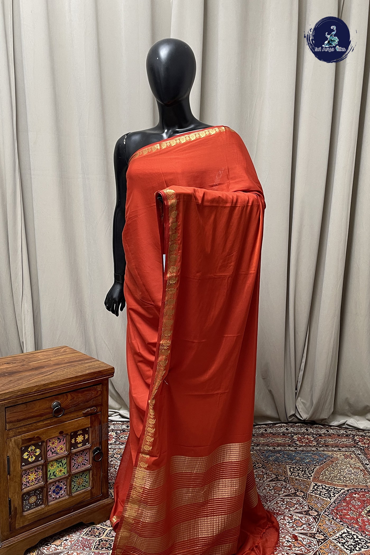 Brick Orange Semi Mysore Silk With Plain Pattern