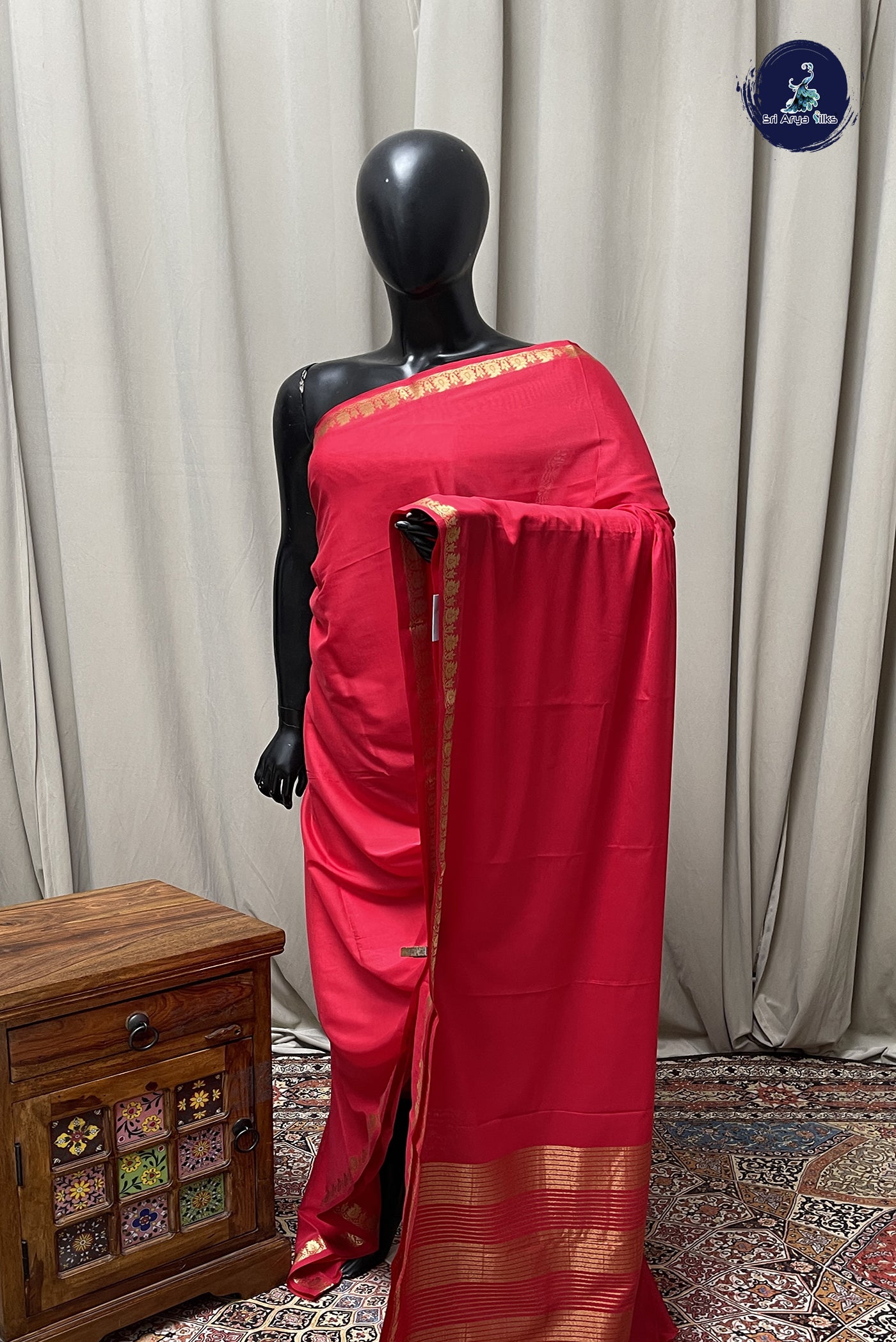 Reddish Pink Semi Mysore Silk With Plain Pattern