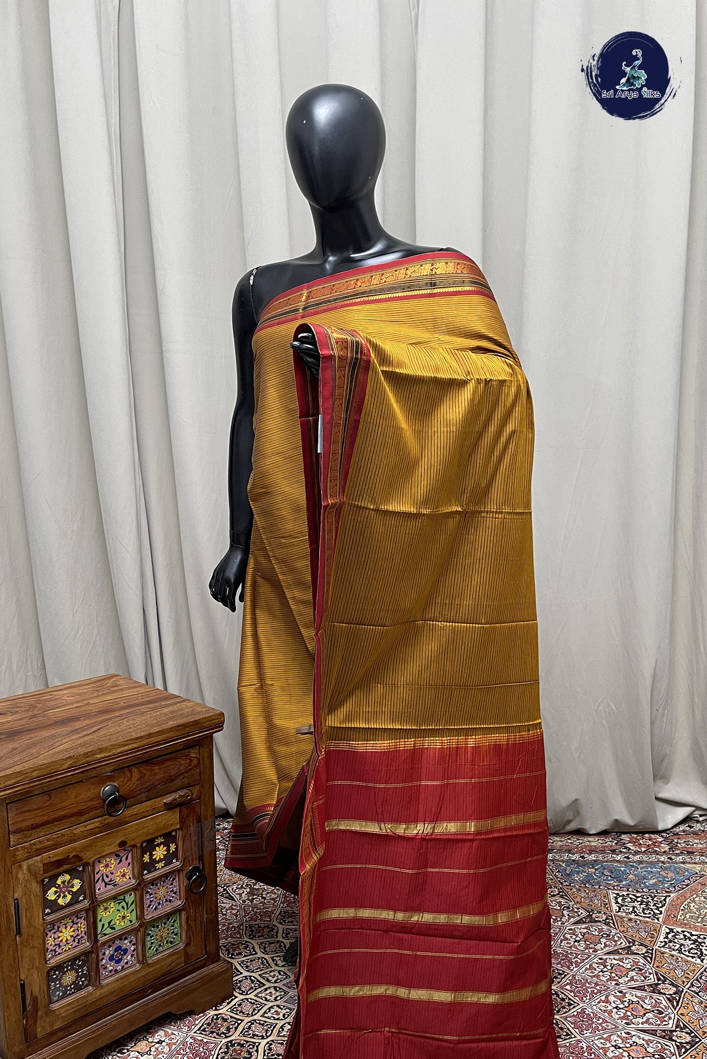 Mustard Yellow Budget Semi Silk Cotton Saree With Doria Lines Pattern
