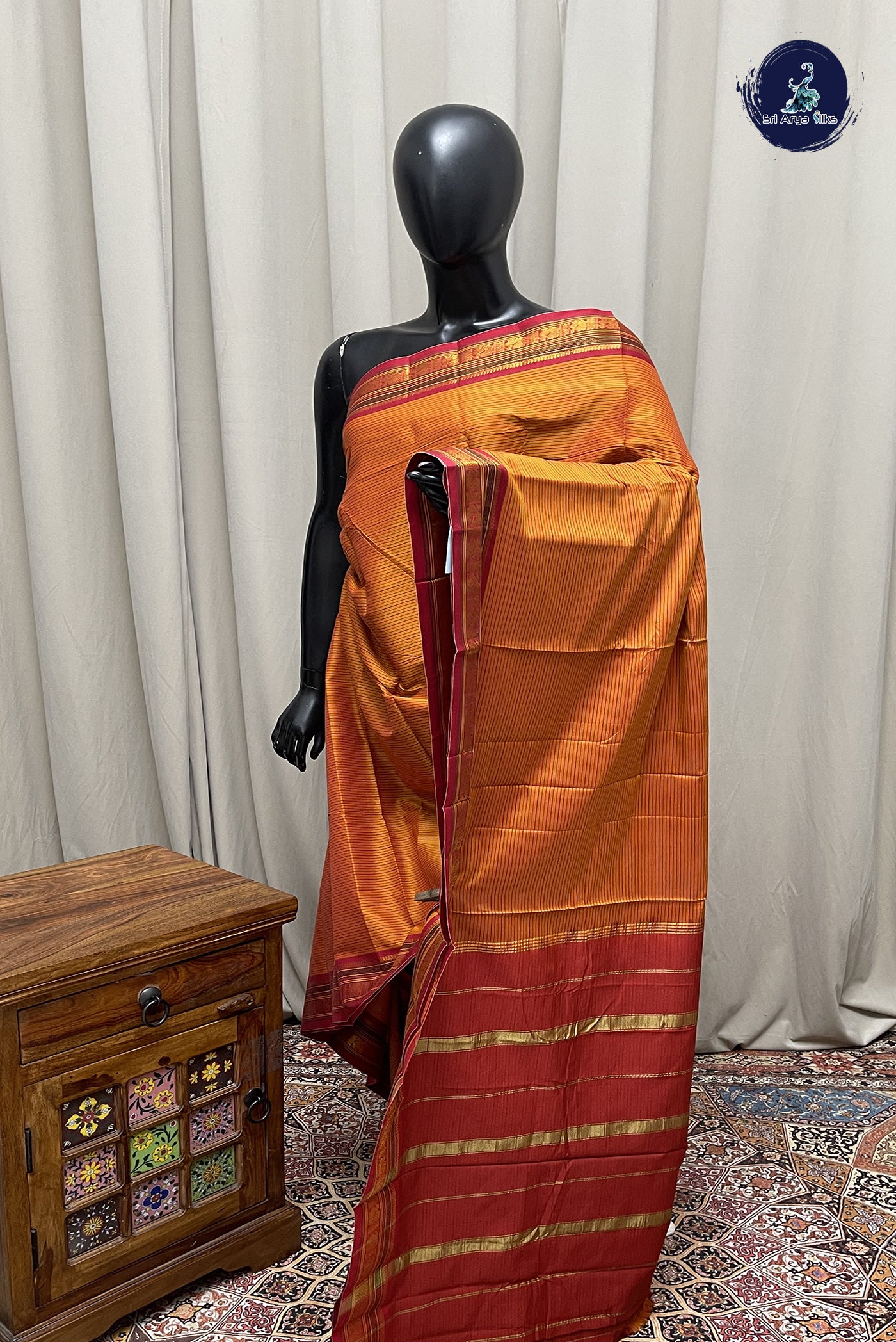 Orange Budget Semi Silk Cotton Saree With Doria Lines Pattern