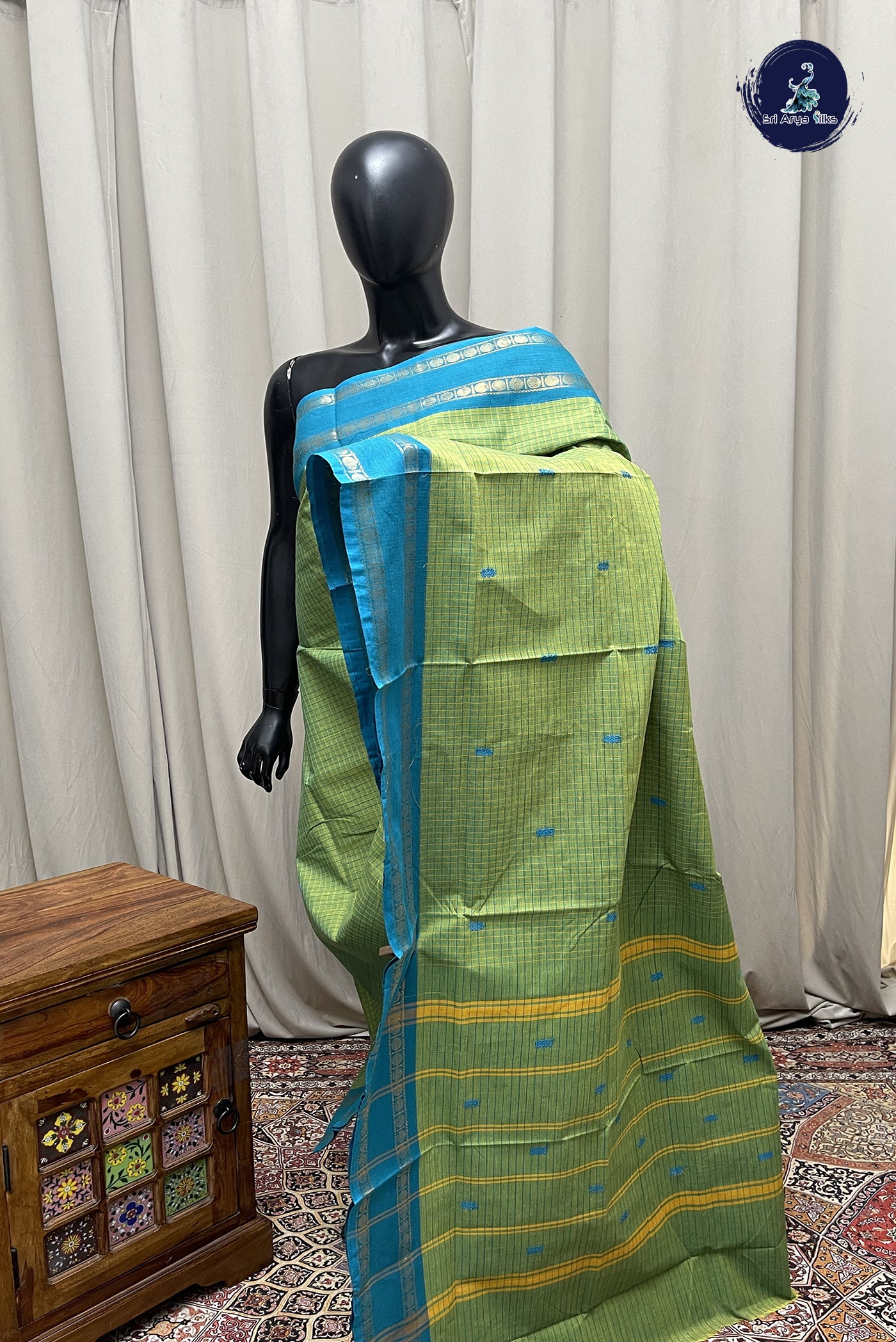 Light Green Chettinad Cotton Saree With Checked Pattern
