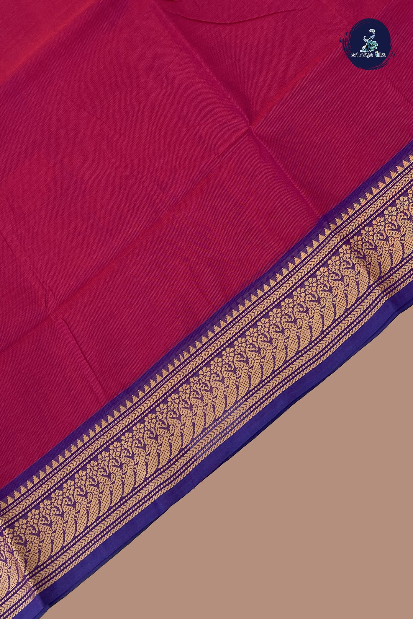Dark Pink Chettinad Cotton Saree With Plain Pattern