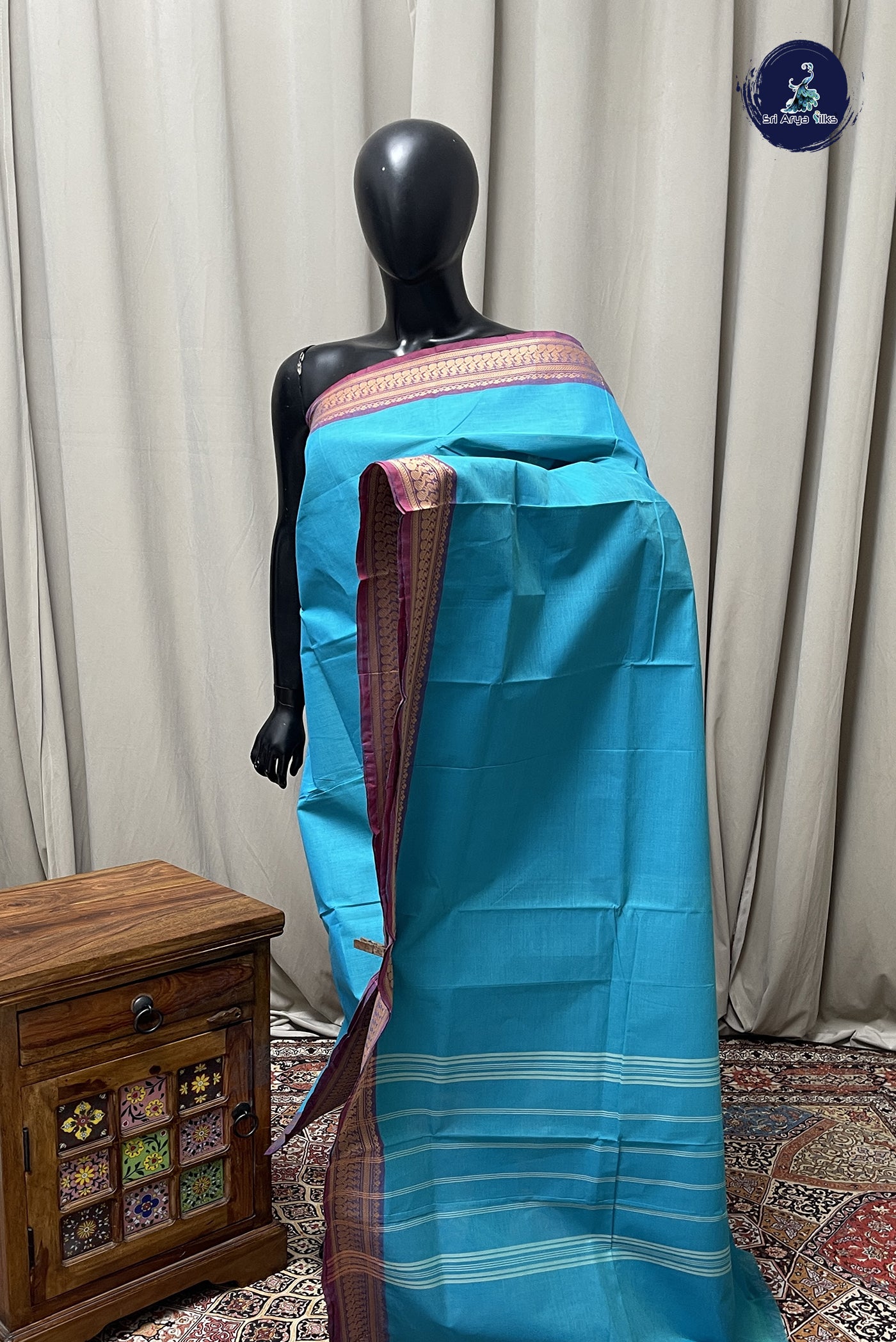 Blue Chettinad Cotton Saree With Plain Pattern
