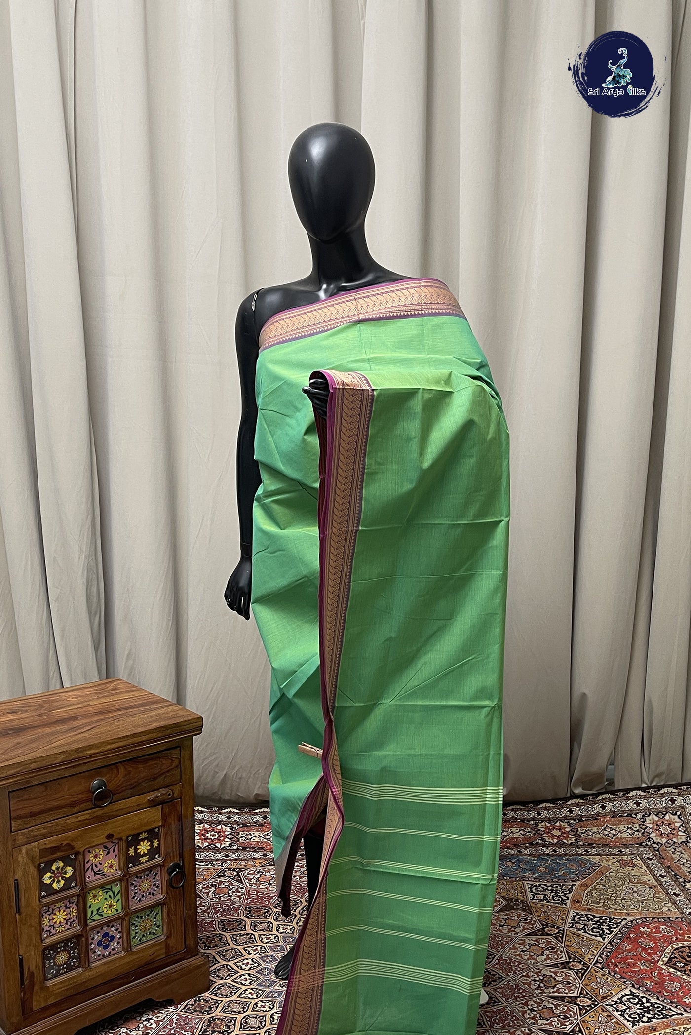 Light Green Chettinad Cotton Saree With Plain Pattern