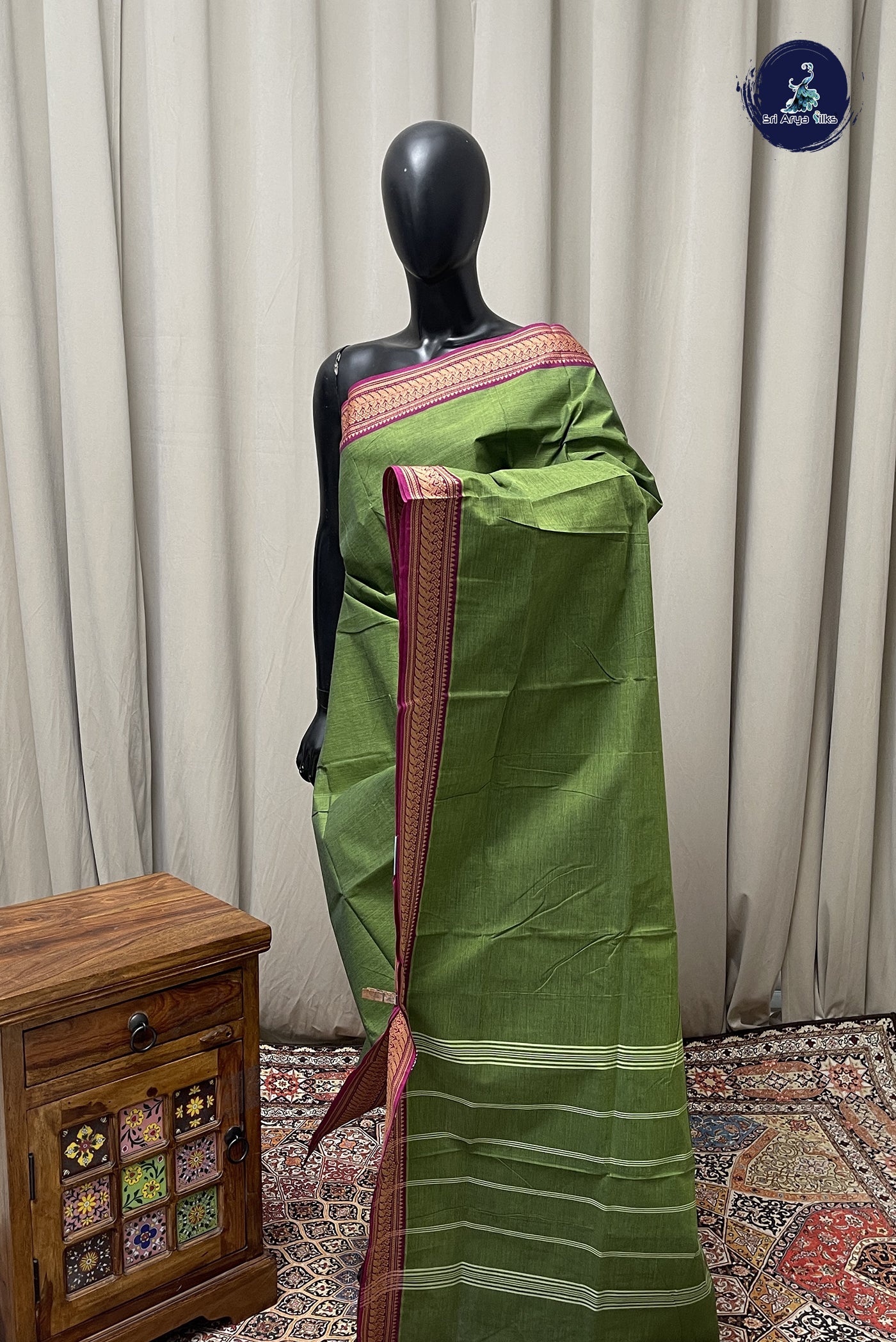 Green Chettinad Cotton Saree With Plain Pattern