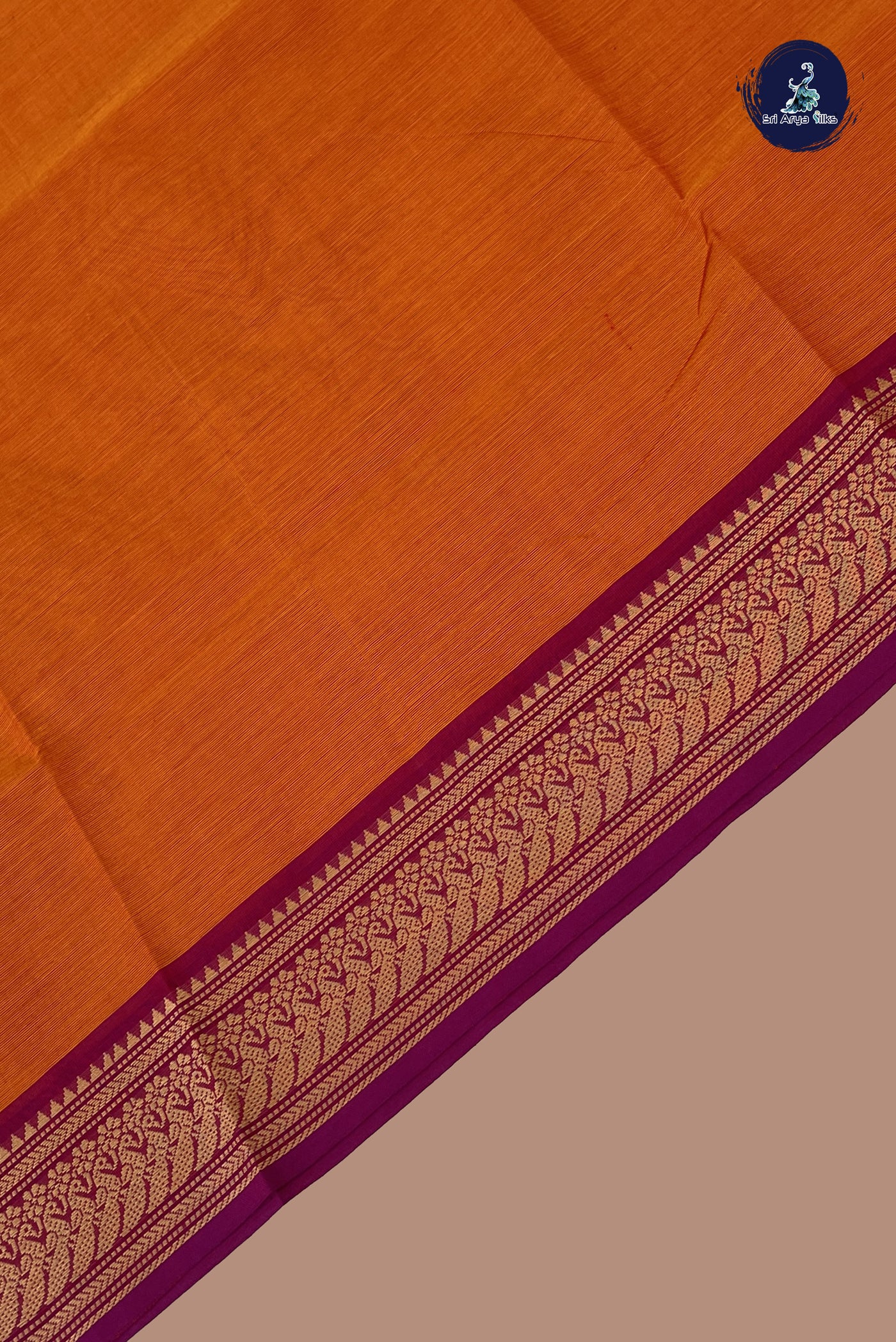 Orange Chettinad Cotton Saree With Plain Pattern