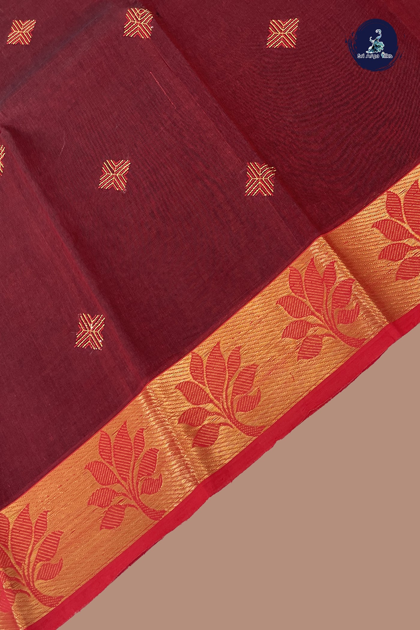 Maroon Chettinad Cotton Saree With Buttas Pattern