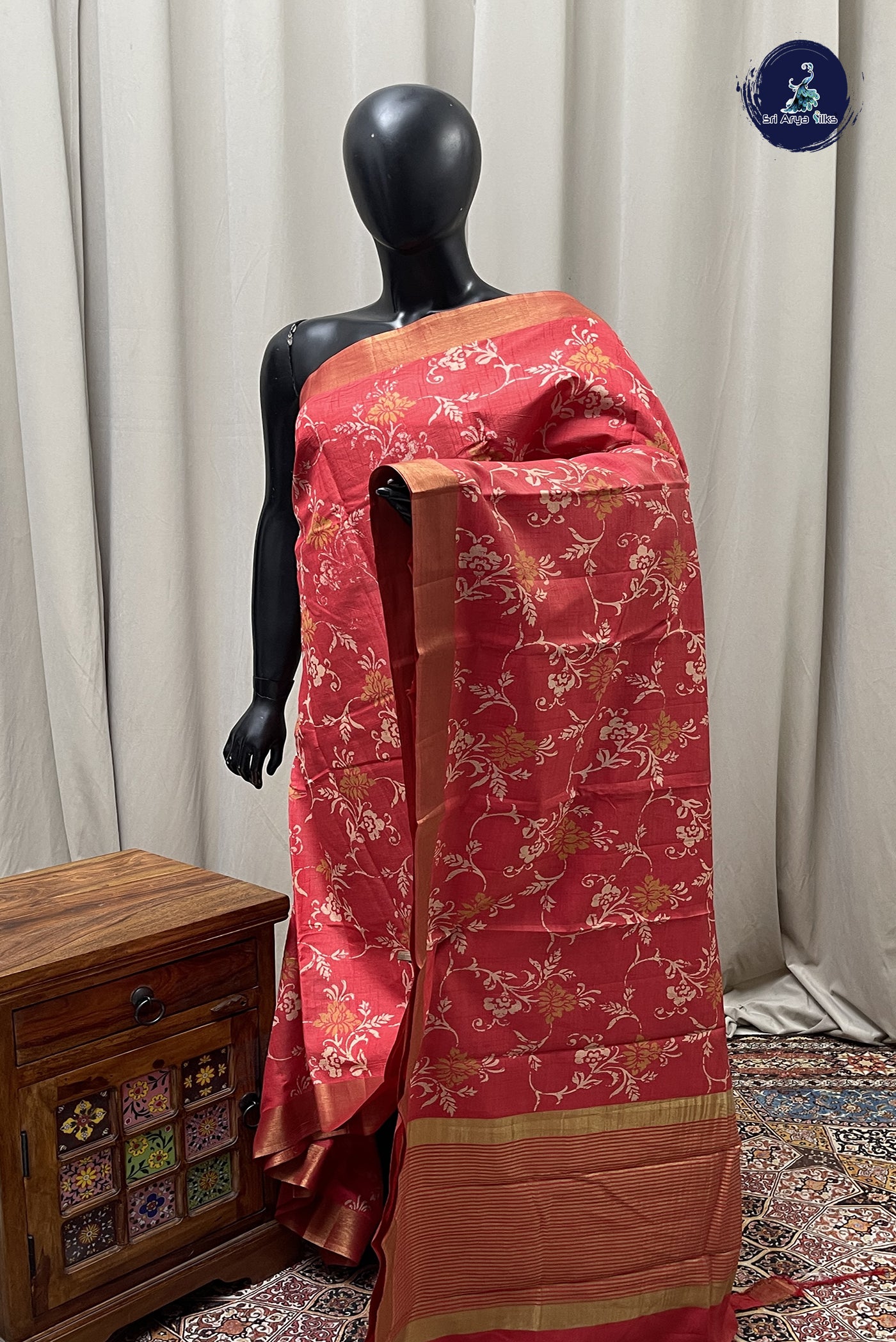 Red Semi Tussar Saree With Printed Pattern