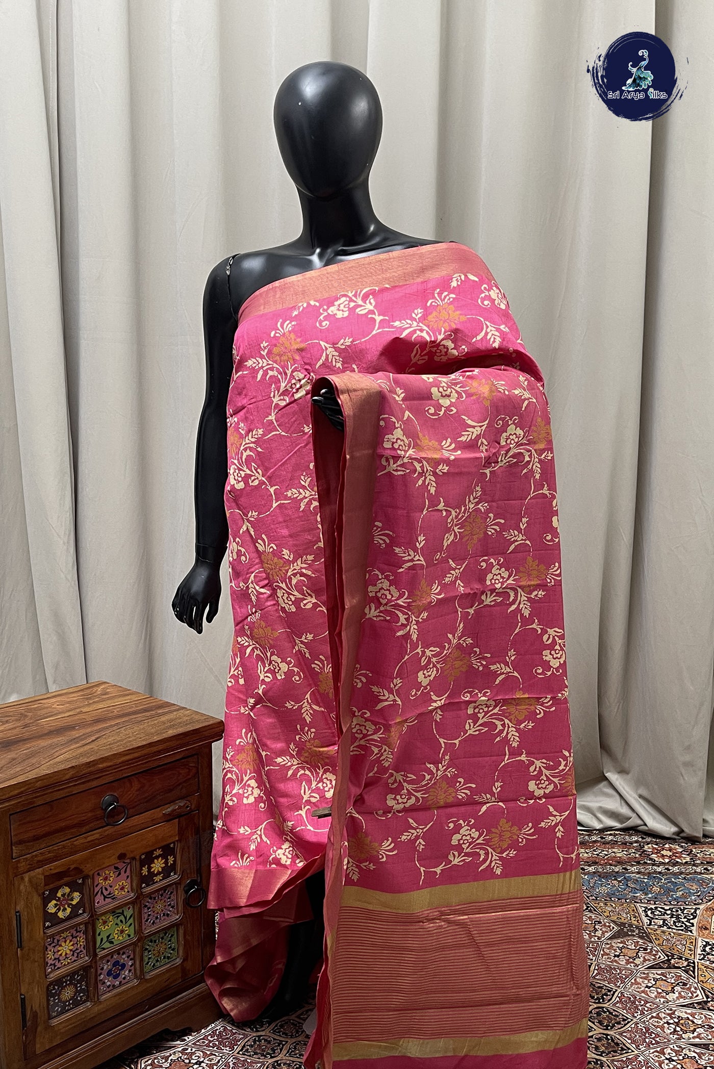 Pink Semi Tussar Saree With Printed Pattern