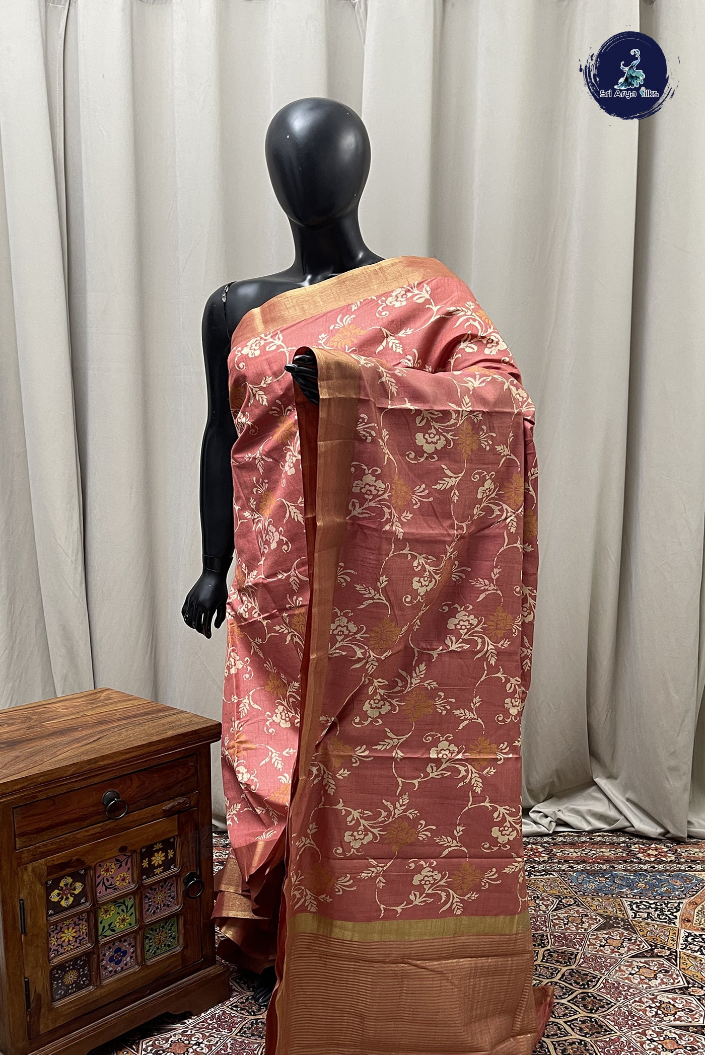Peach Semi Tussar Saree With Printed Pattern