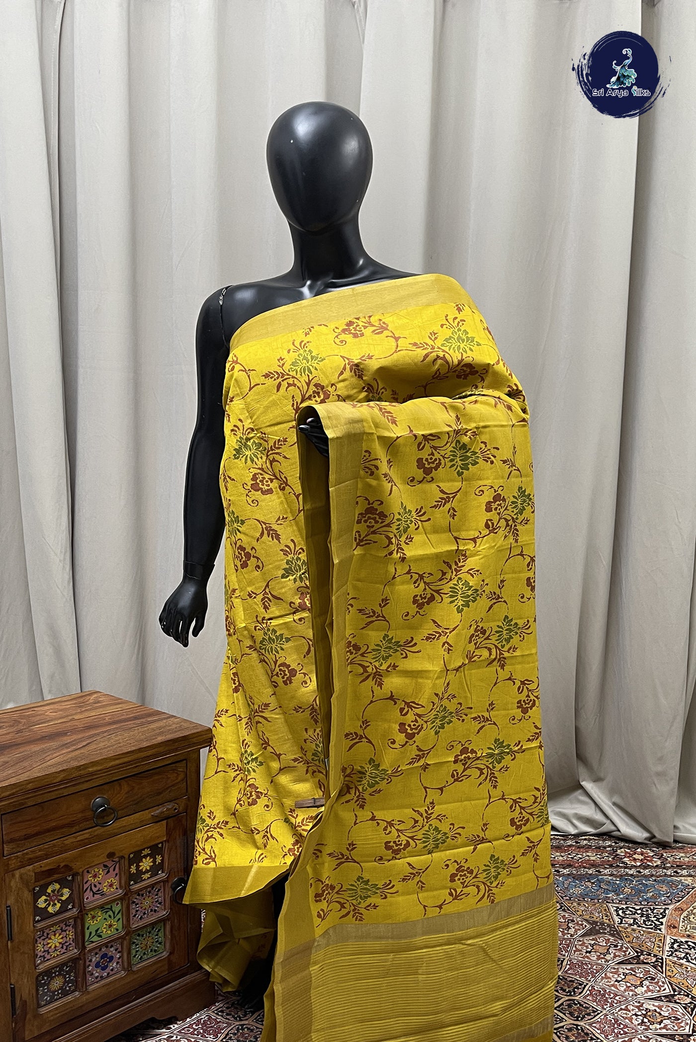 Yellow Semi Tussar Saree With Printed Pattern