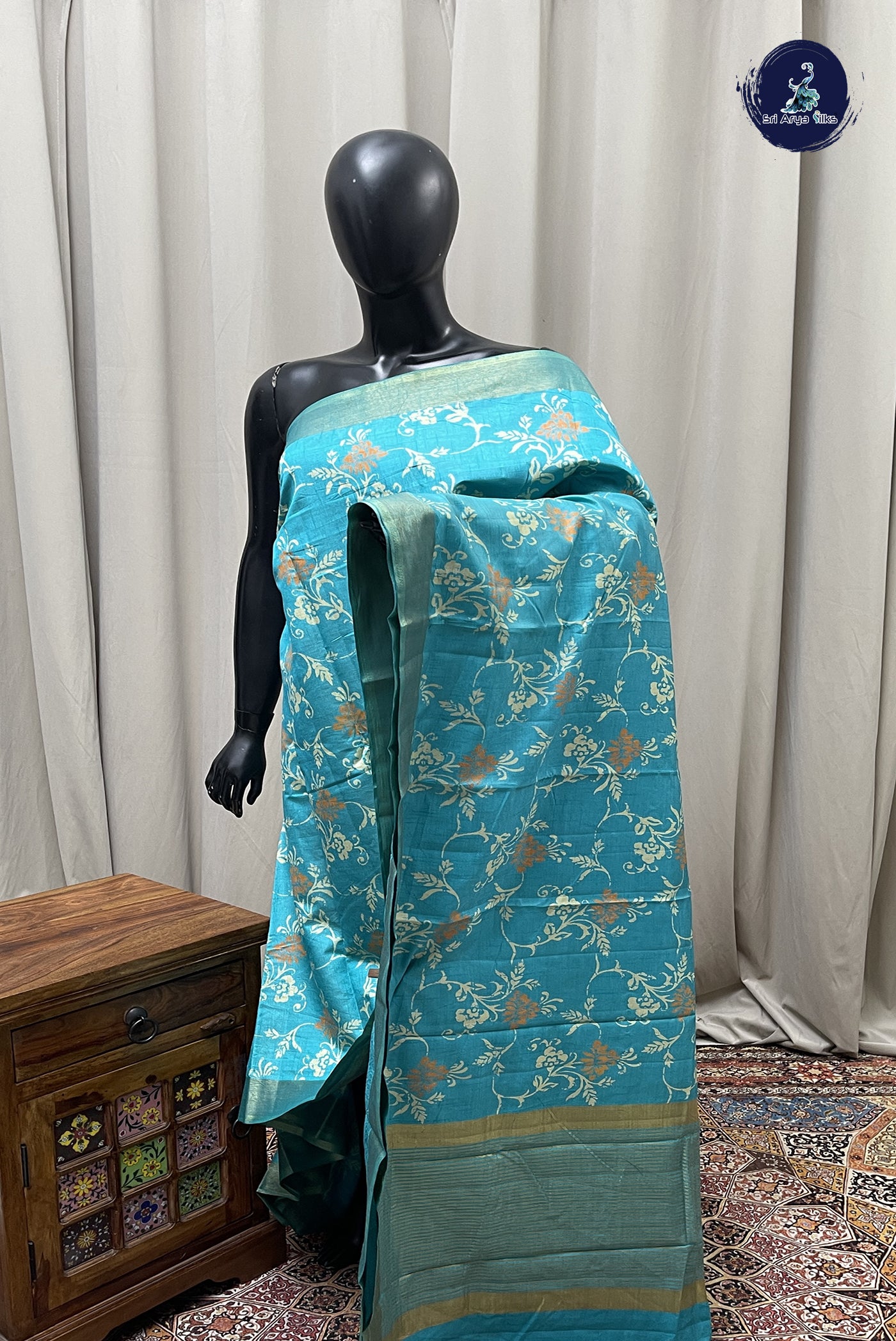 Light Blue Semi Tussar Saree With Printed Pattern