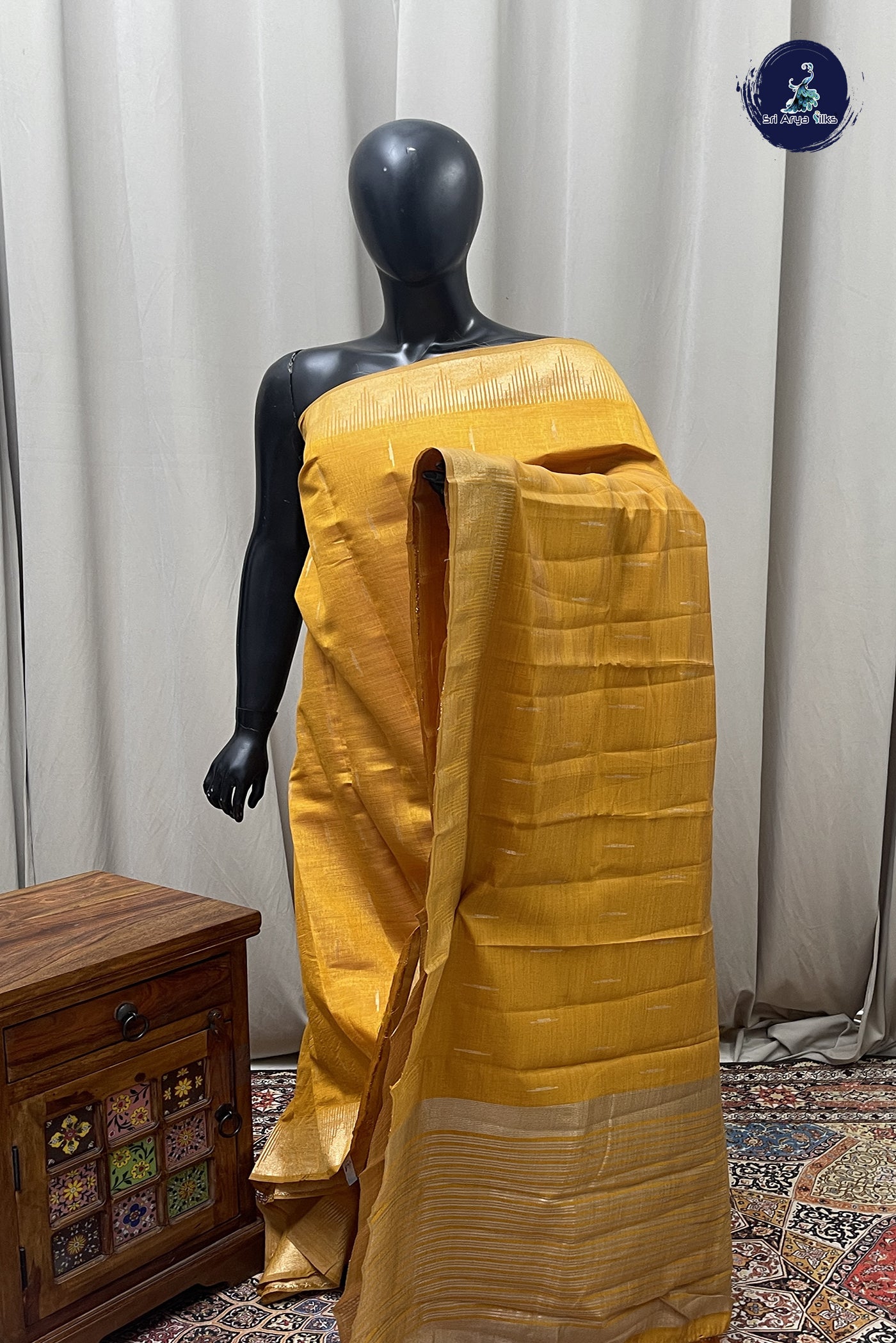 Mustard Yellow Semi Tussar Saree With Zari Buttas Pattern