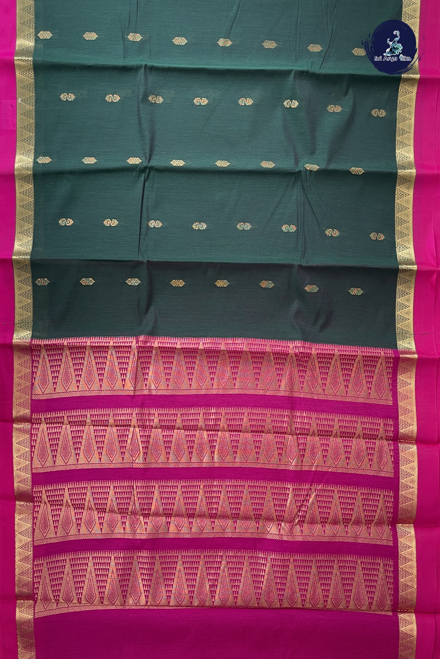 Dark Green Budget Semi Silk Cotton Saree With Zari Buttas Pattern