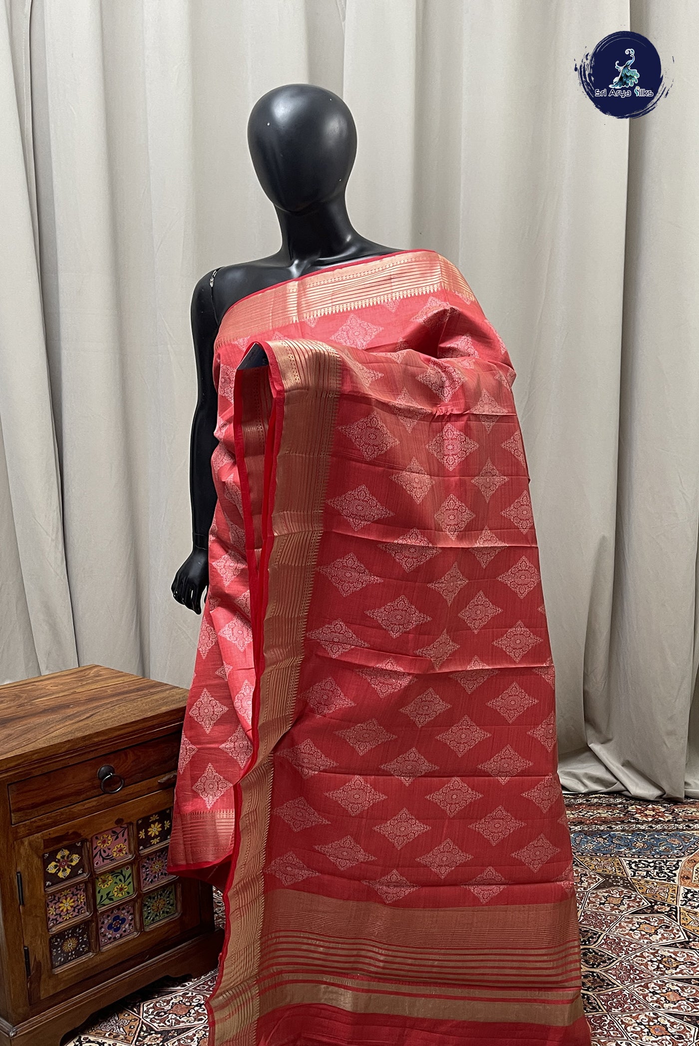 Red Semi Tussar Saree With Printed Pattern