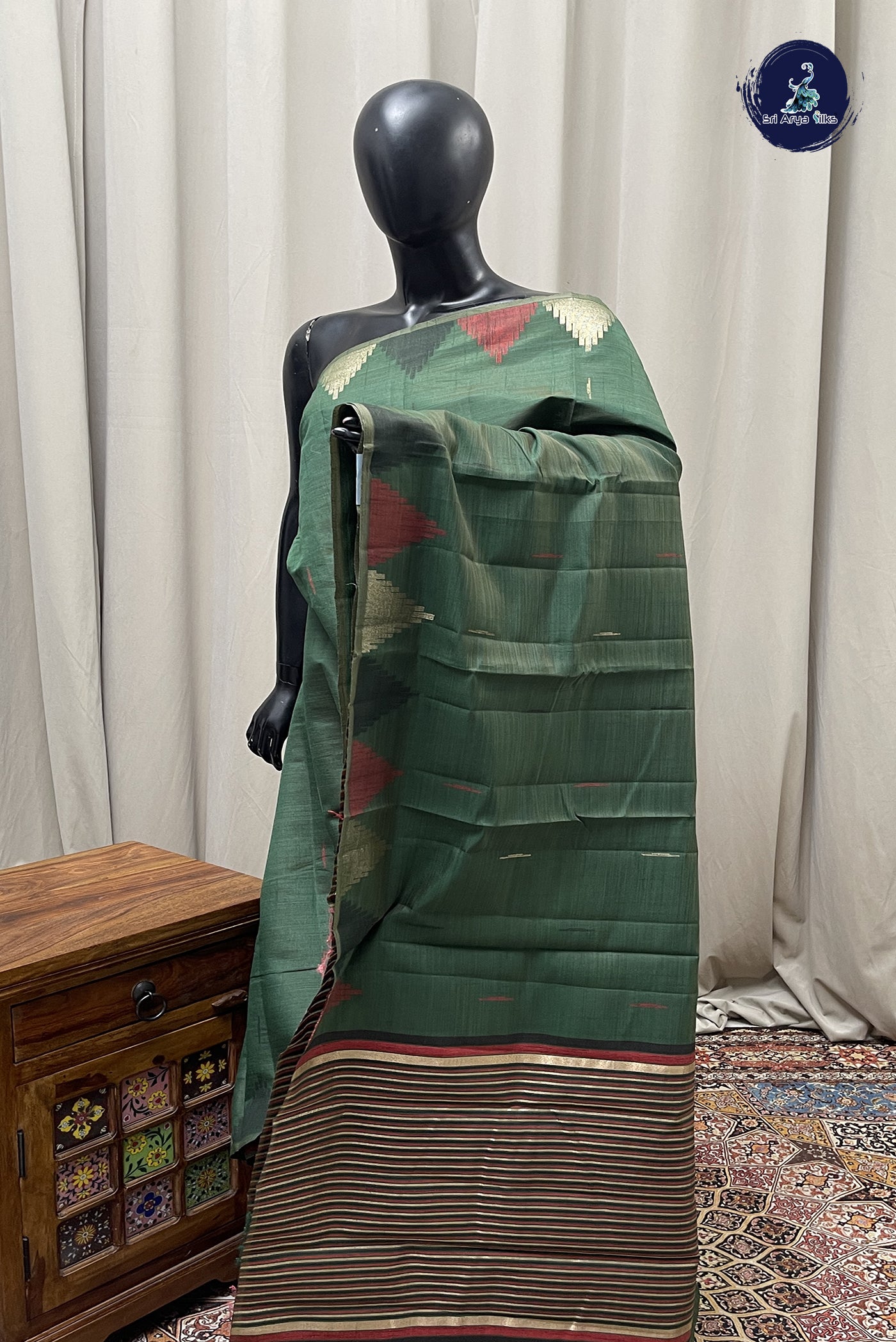 Dark Green Semi Tussar Saree With Buttas Pattern