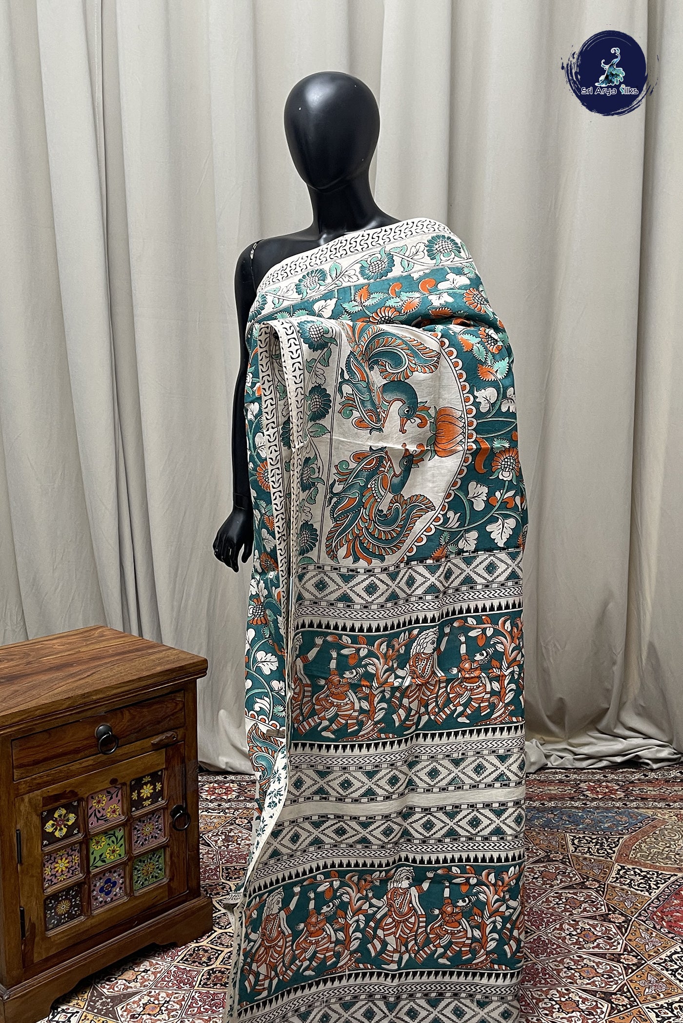 Teal Semi Silk Saree With Kalamkari Pattern