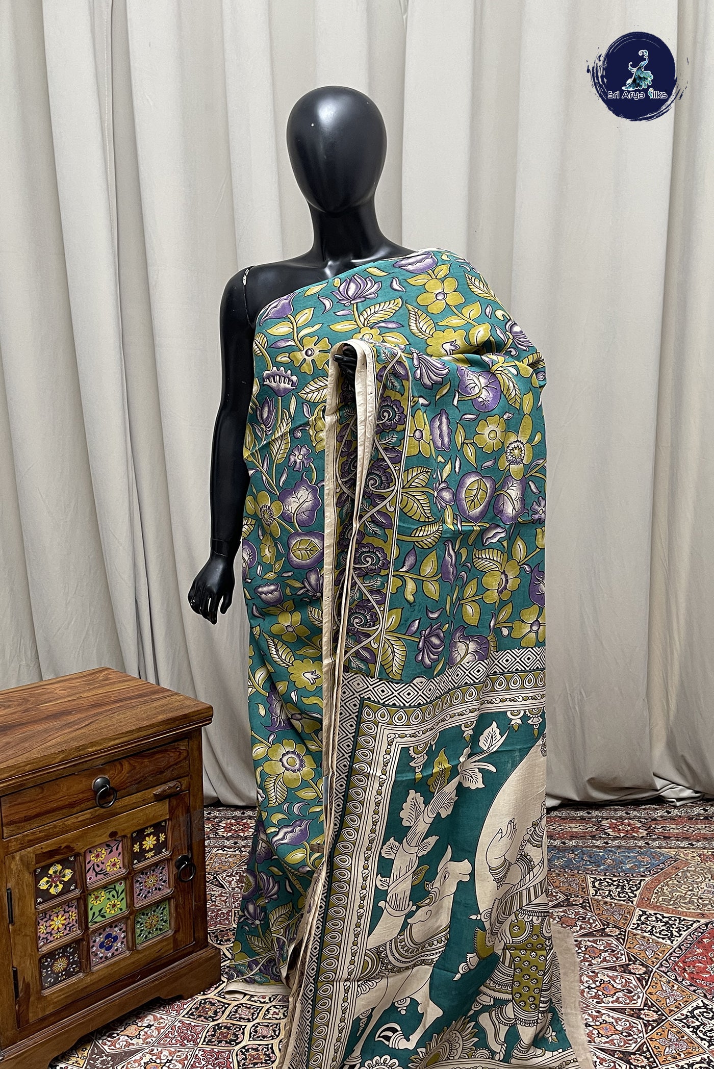 Teal Semi Silk Saree With Pichwai Print Pattern