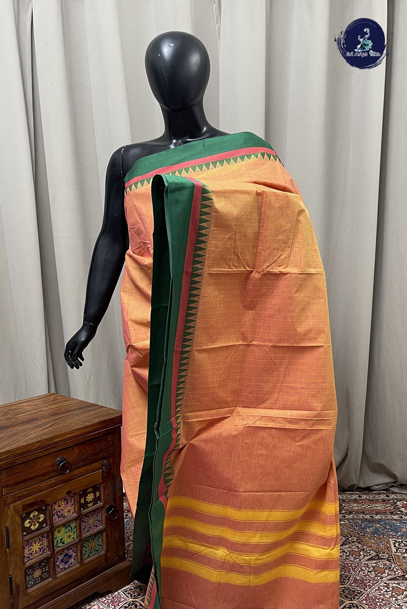 Light Orange Kanchi Cotton Saree With Stripes Pattern