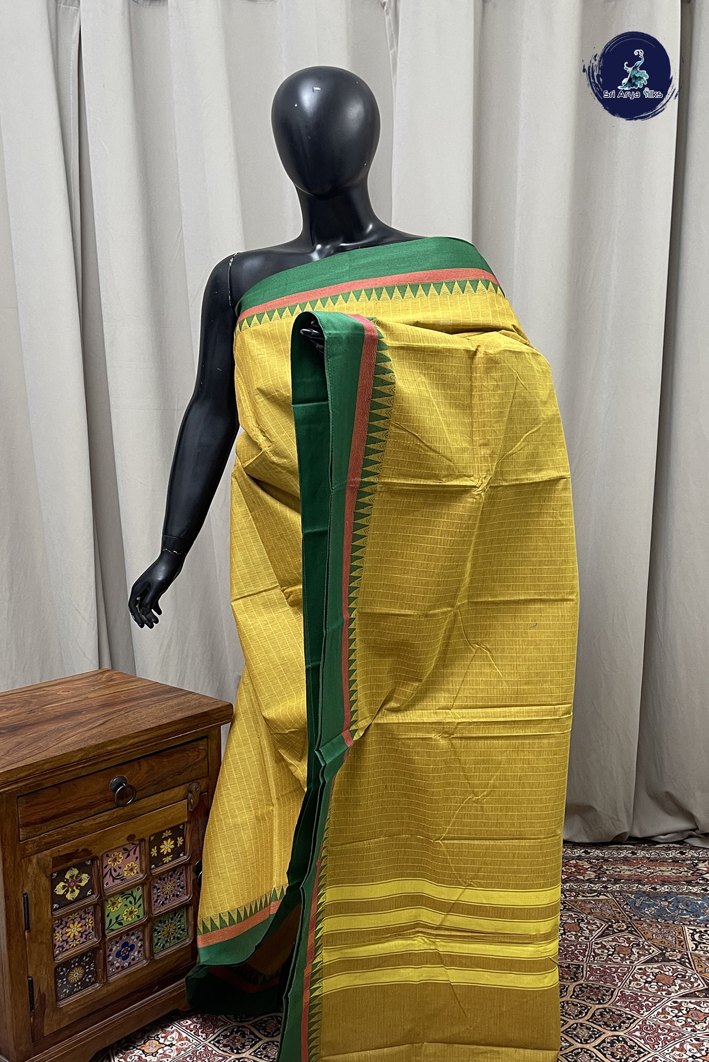 Yellowish Green Kanchi Cotton Saree With Stripes Pattern