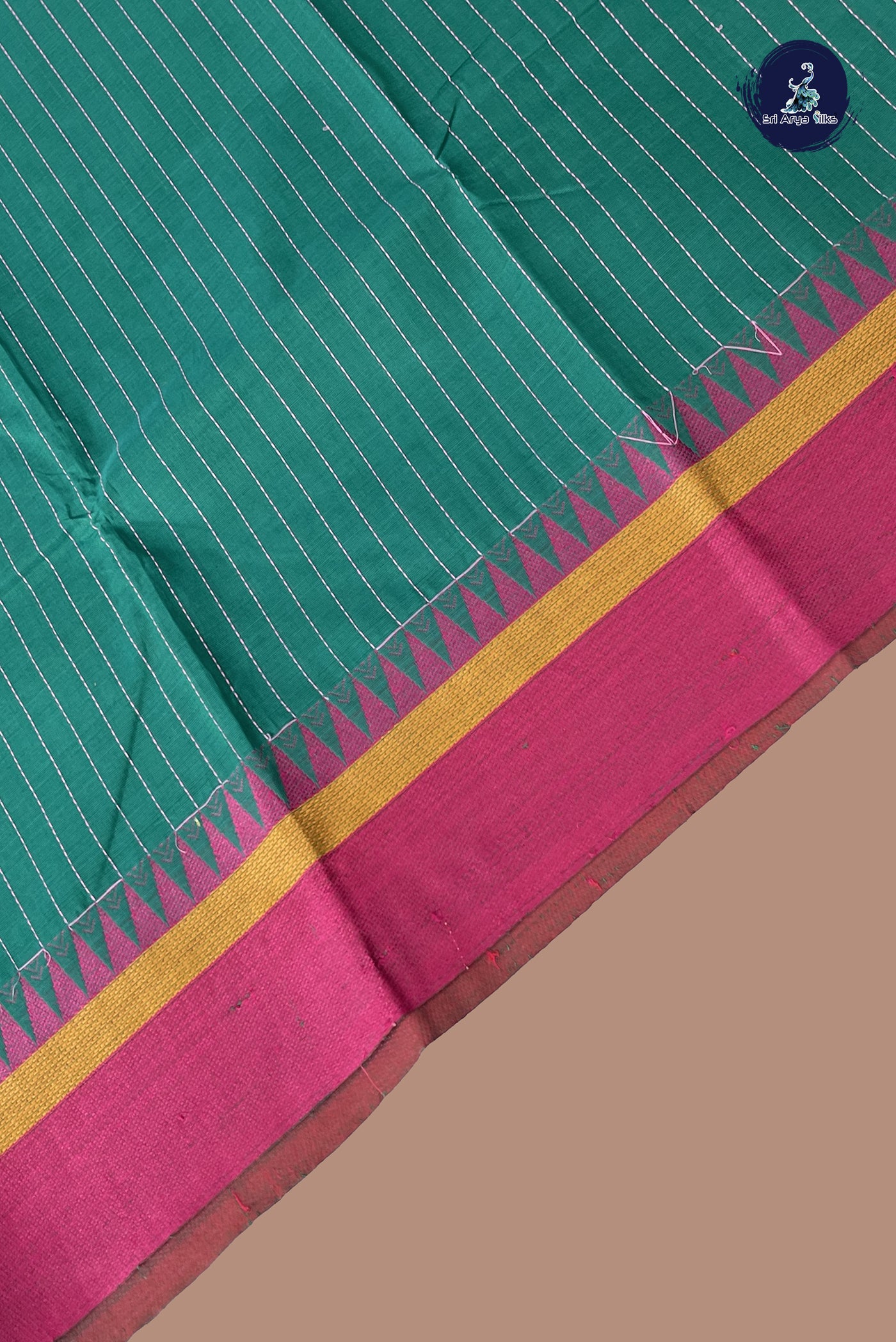 Green Kanchi Cotton Saree With Stripes Pattern