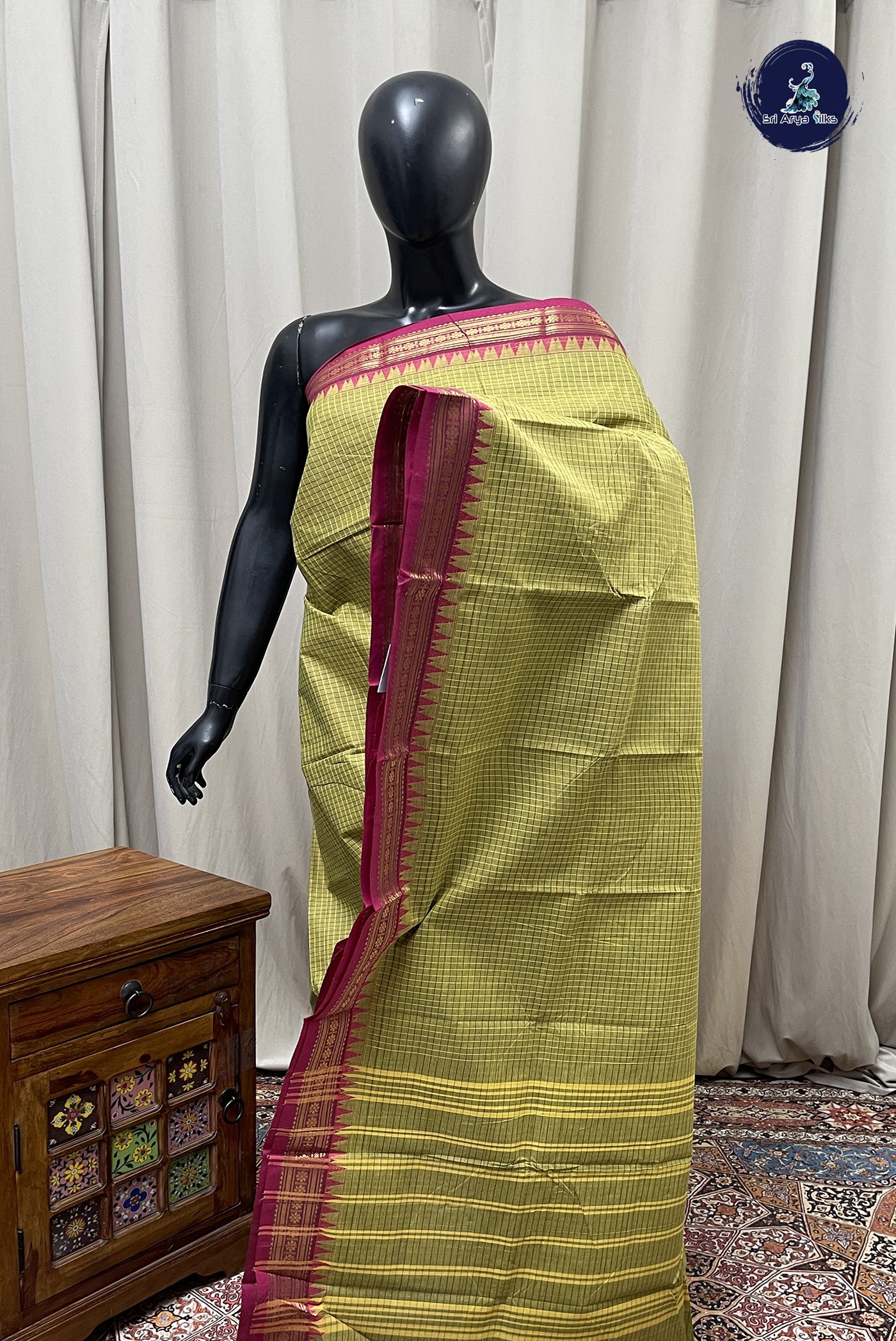 Lime Green Kanchi Cotton Saree With Checked Pattern