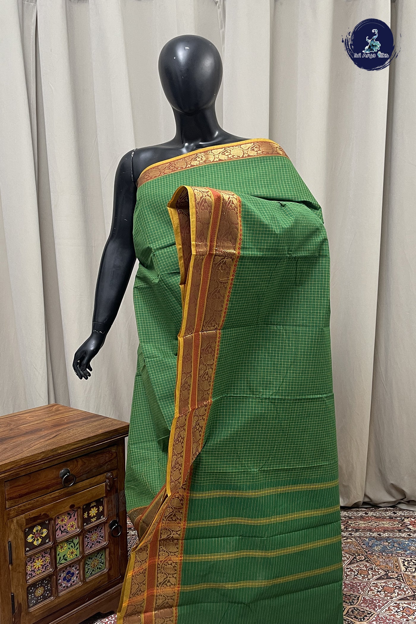 Green Kanchi Cotton Saree With Checked Pattern