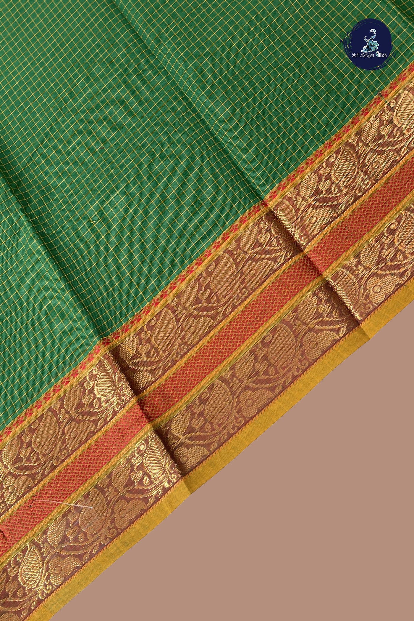 Green Kanchi Cotton Saree With Checked Pattern