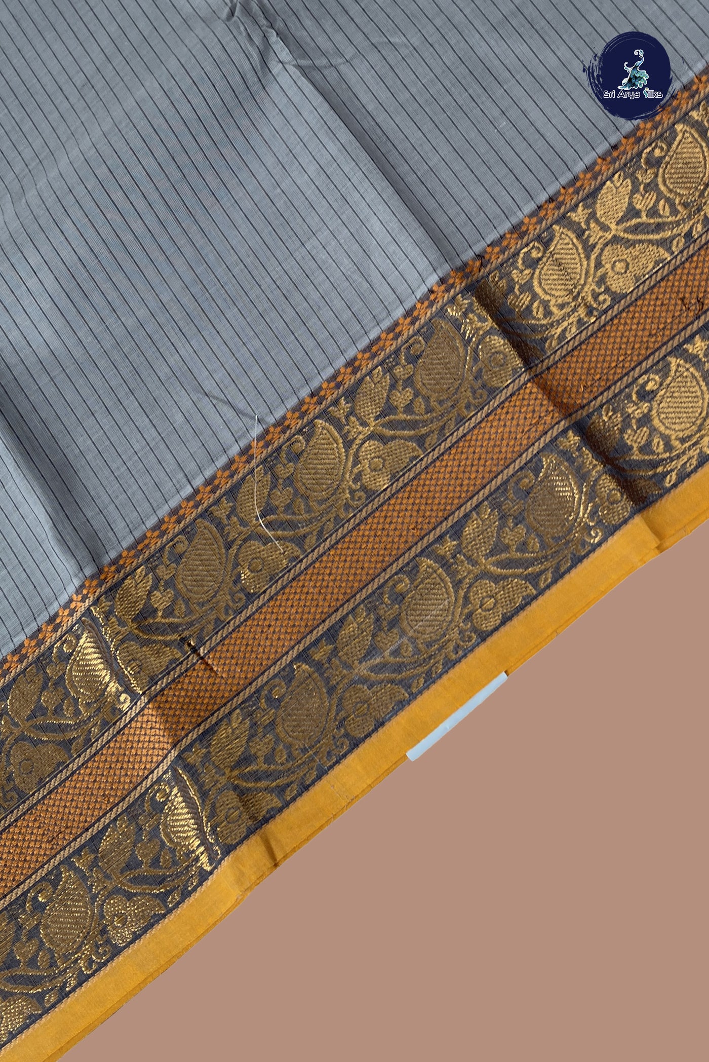 Grey Kanchi Cotton Saree With Stripes Pattern