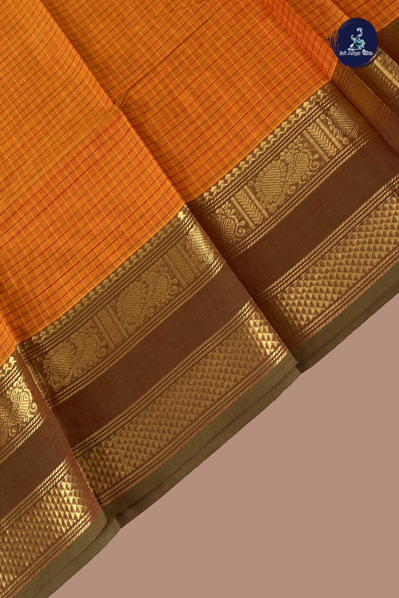 Orange Kanchi Cotton Saree With Checked Pattern