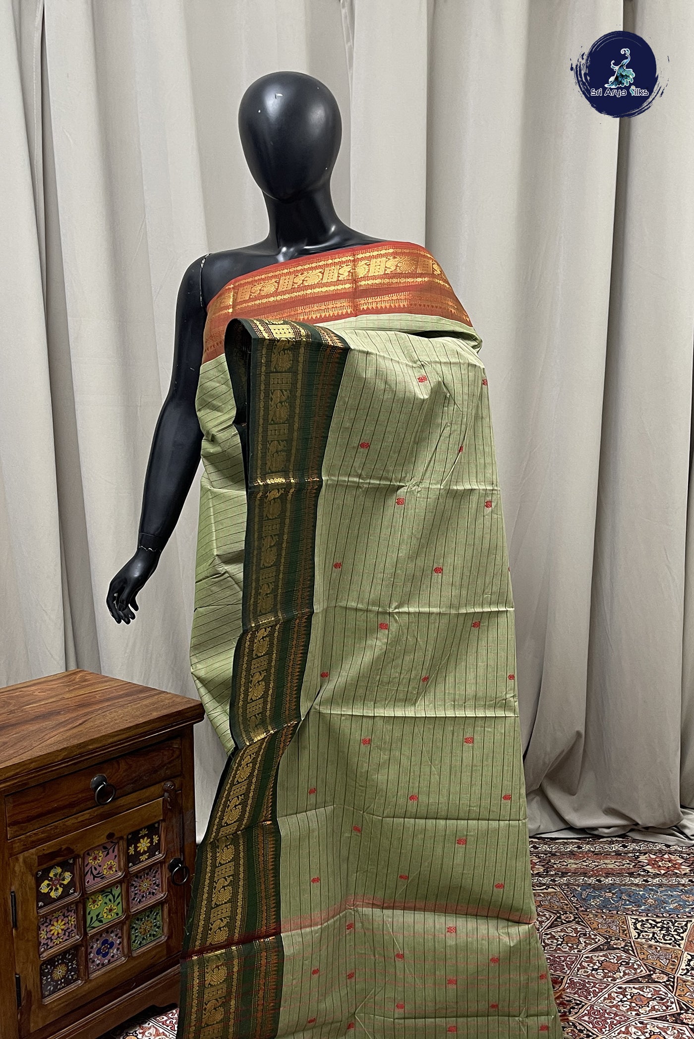 Elaichi Green Kanchi Cotton Saree With Checked Pattern