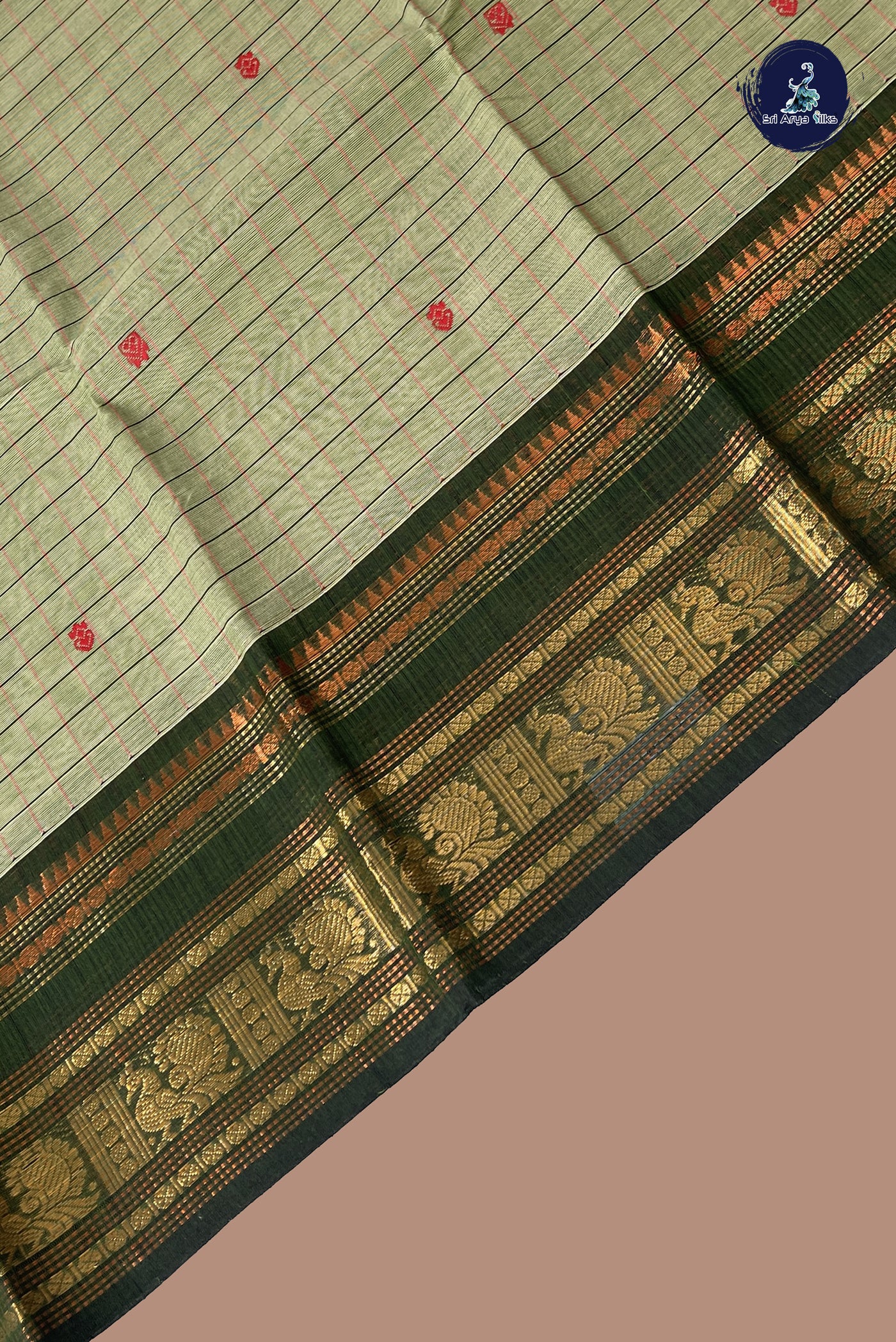 Elaichi Green Kanchi Cotton Saree With Checked Pattern