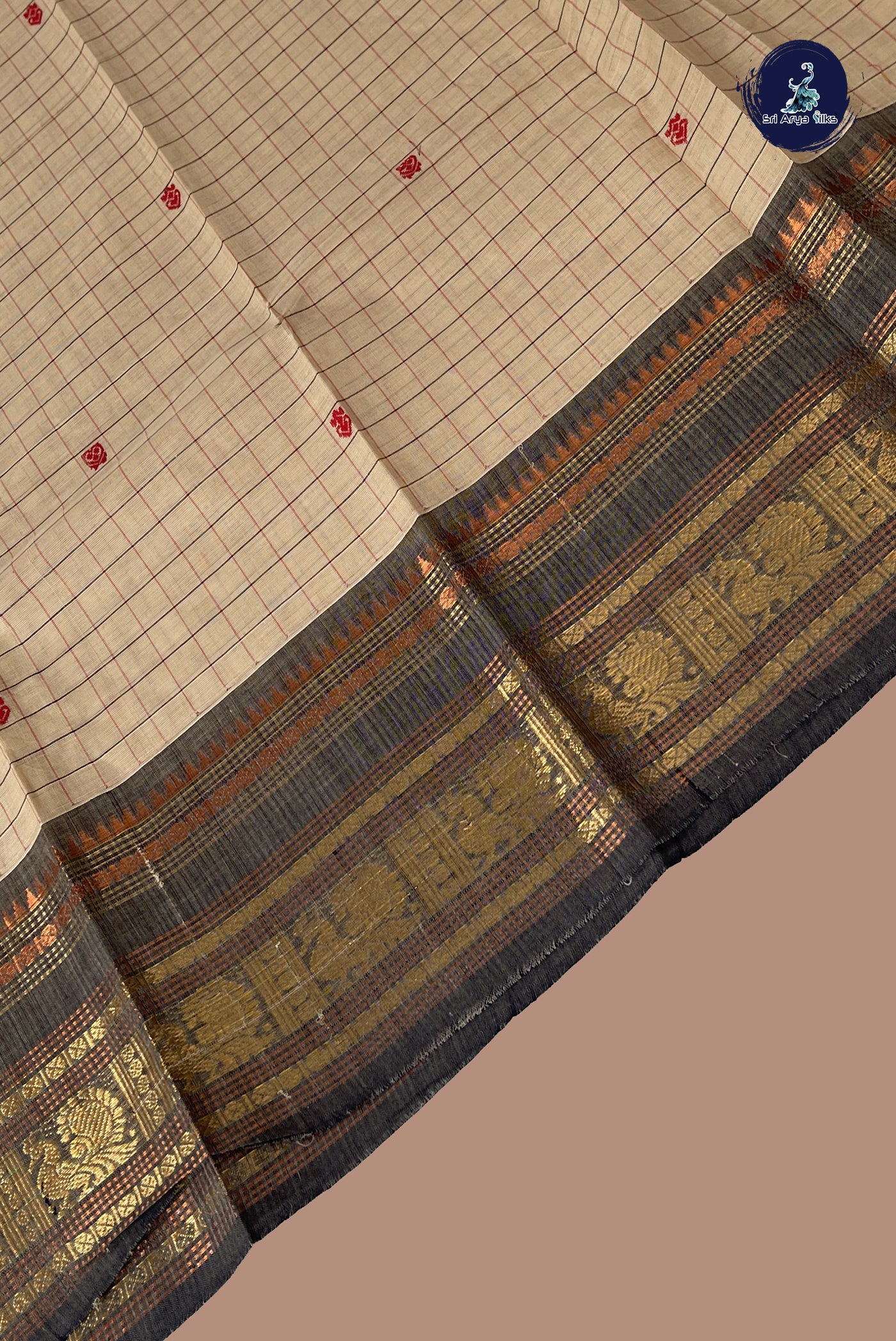 Fawn Kanchi Cotton Saree With Checked Pattern