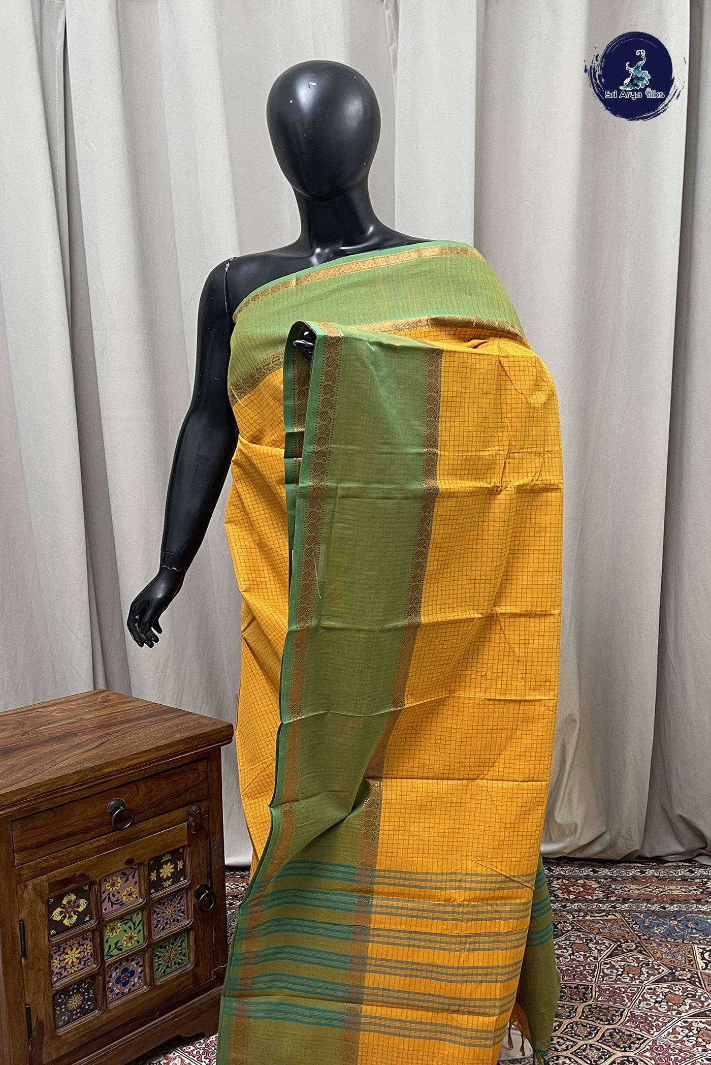 Yellow Kanchi Cotton Saree With Checked Pattern