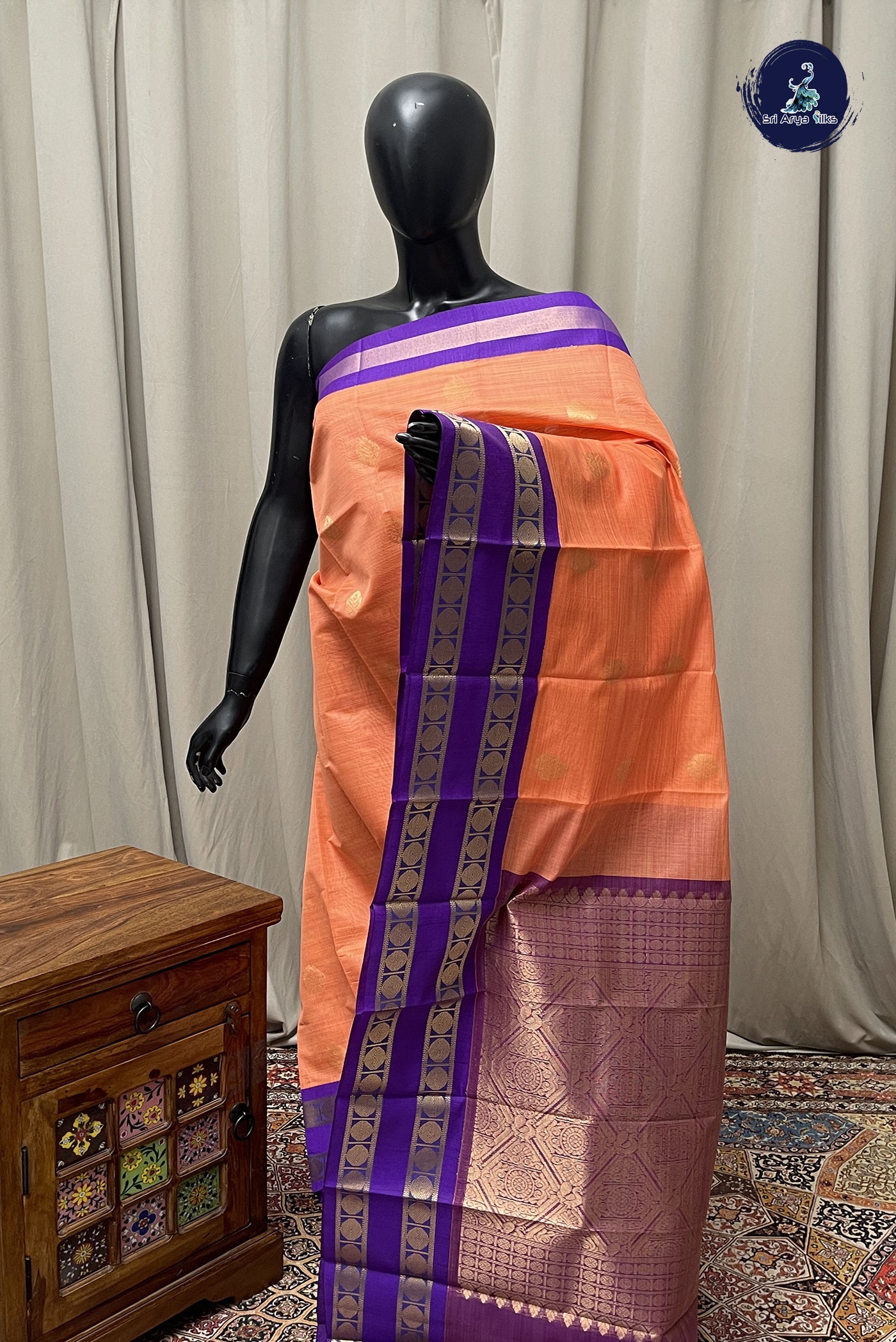 Peach Budget Semi Silk Cotton Saree With Zari Buttas Pattern