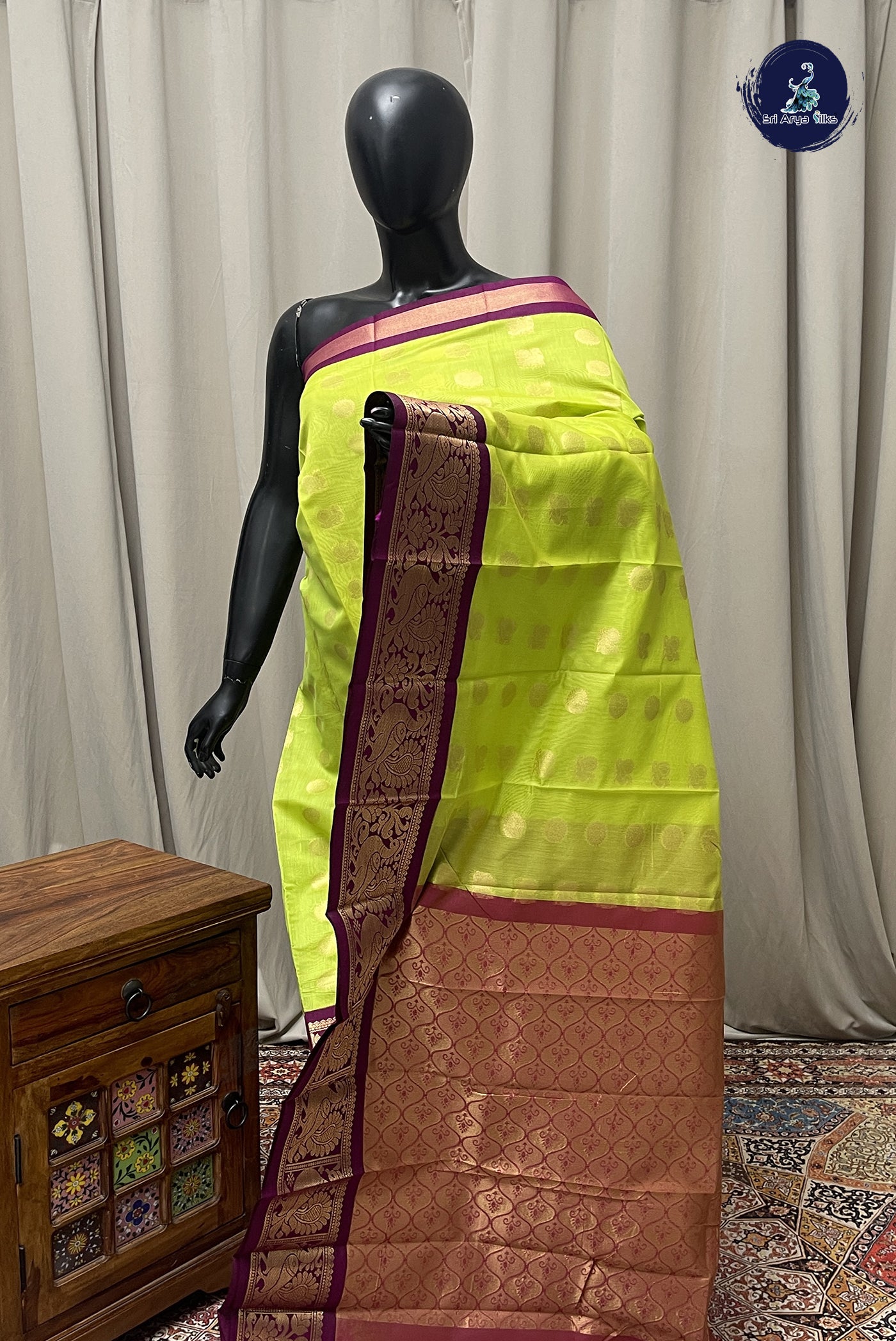 Flurocent Green Budget Semi Silk Cotton Saree With Zari Buttas Pattern