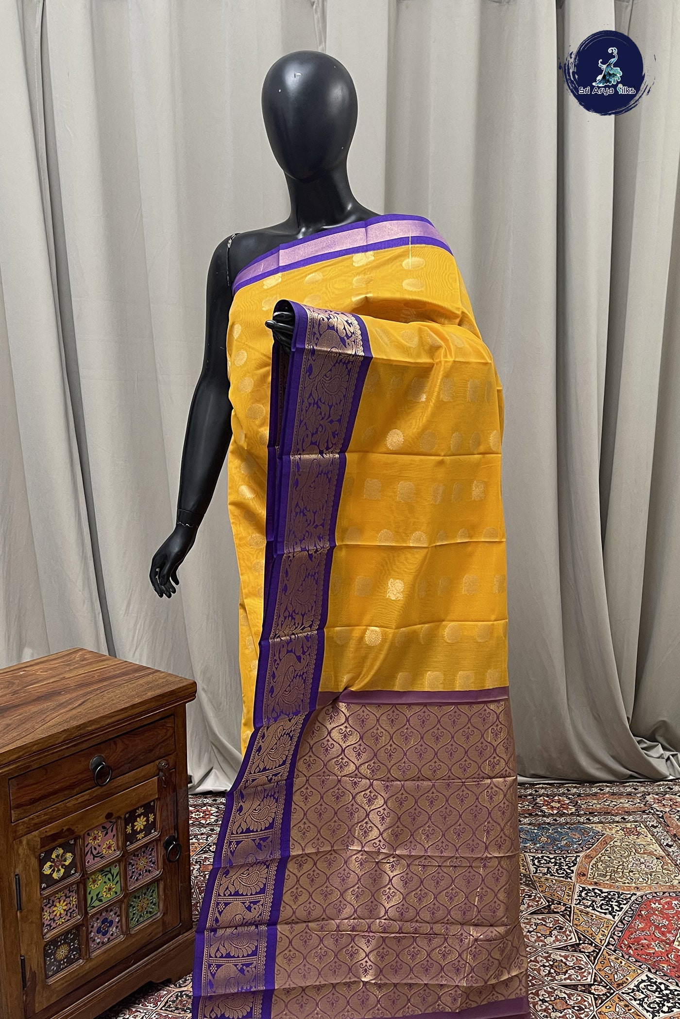Mango Yellow Budget Semi Silk Cotton Saree With Zari Buttas Pattern