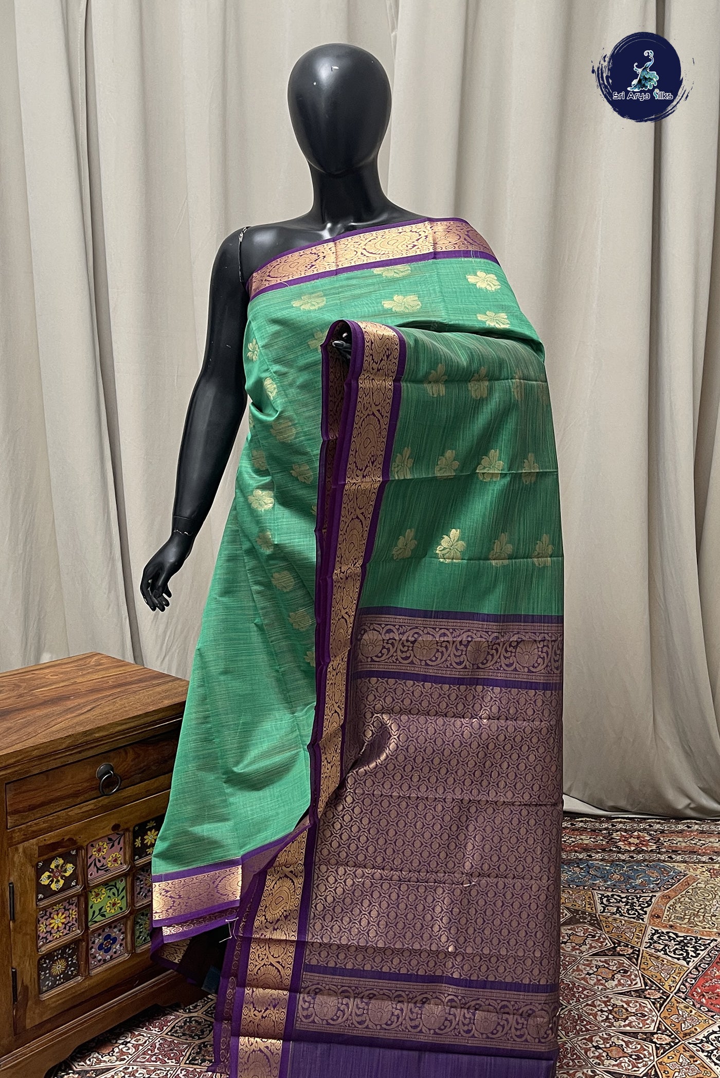 Green Budget Semi Silk Cotton Saree With Zari Buttas Pattern