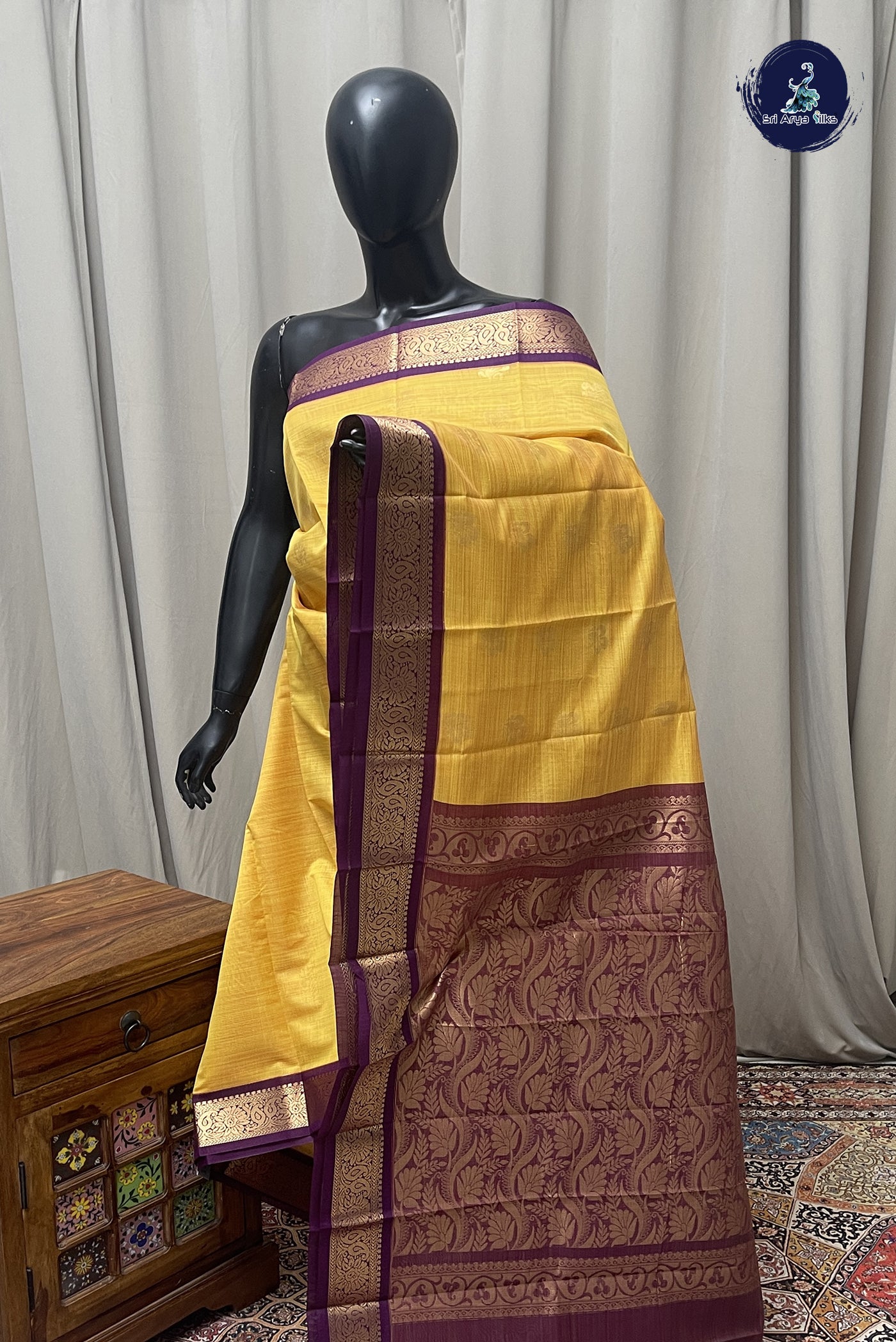 Mango Yellow Budget Semi Silk Cotton Saree With Zari Buttas Pattern