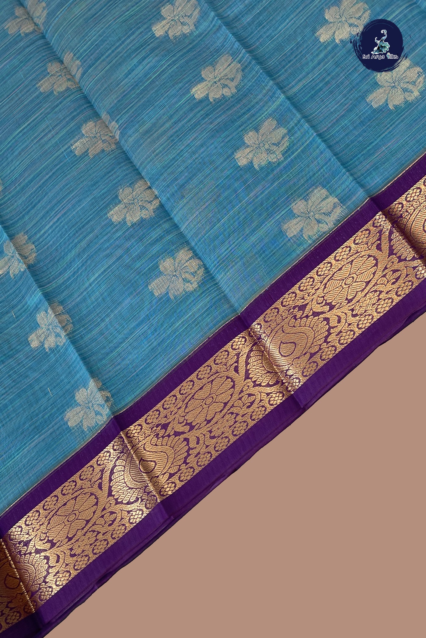 Copper Sulphate Blue Budget Semi Silk Cotton Saree With Zari Buttas Pattern