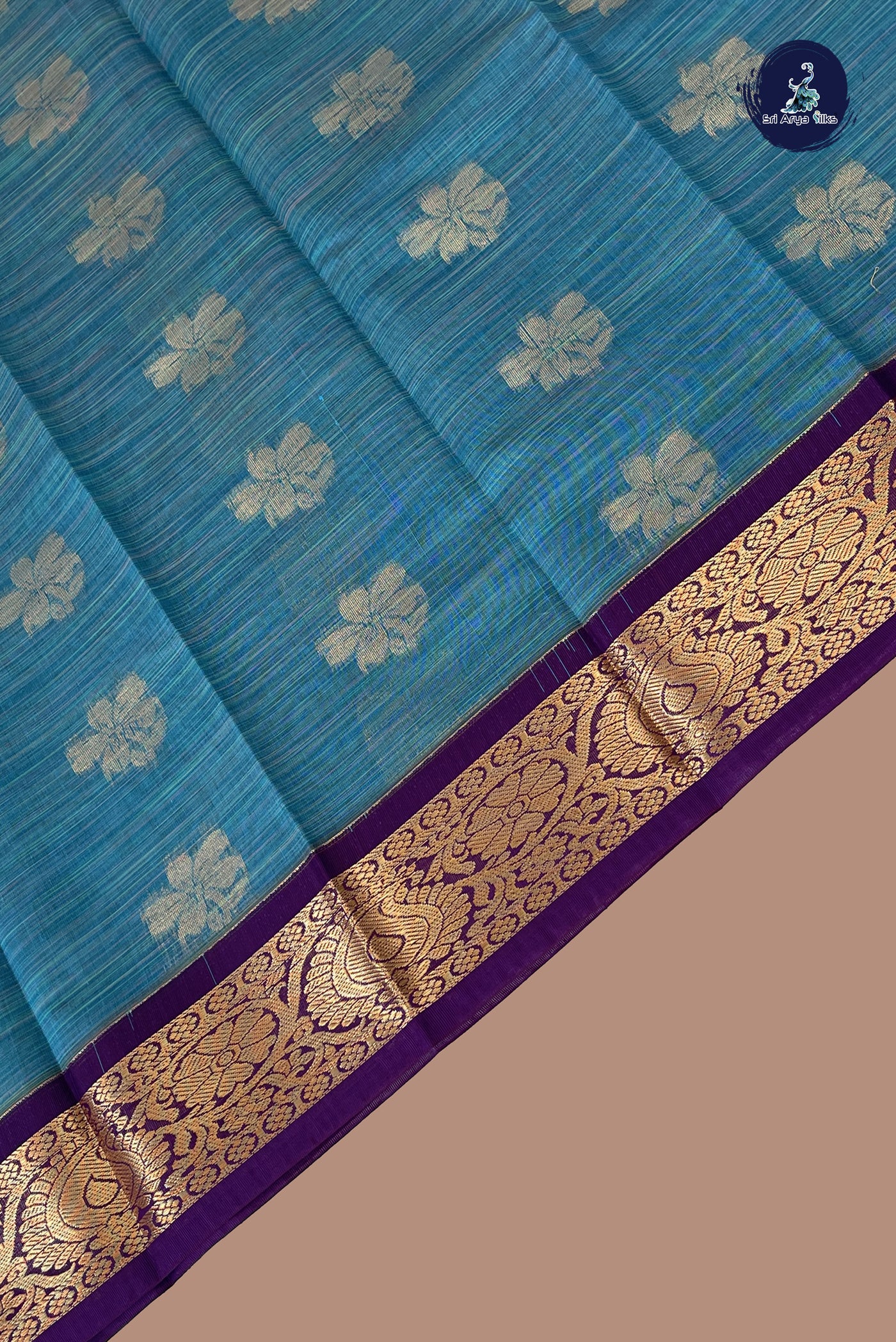Copper Sulphate Blue Budget Semi Silk Cotton Saree With Zari Buttas Pattern