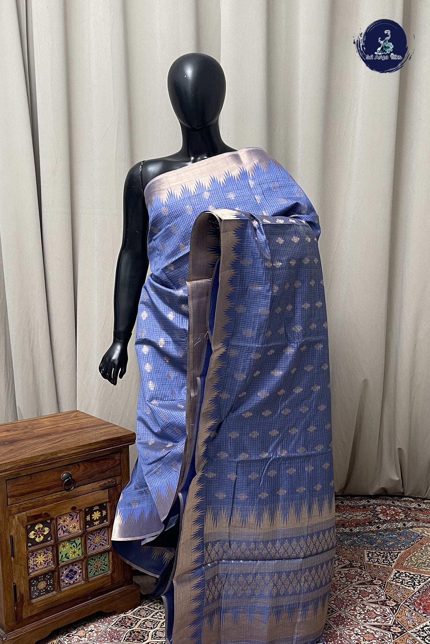 Blue Semi Tussar Saree With Zari Buttas Pattern