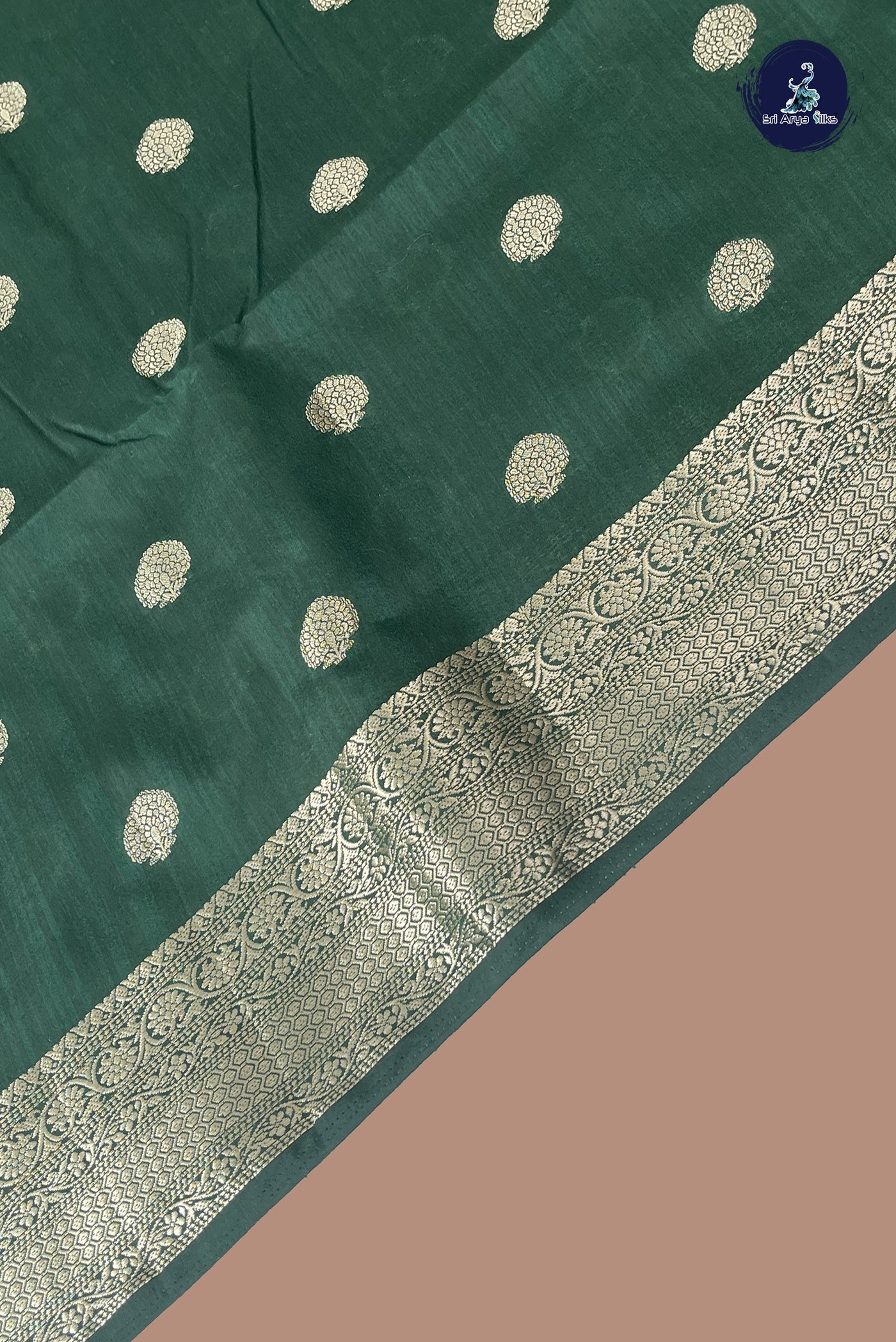 Dark Green Semi Tussar Saree With Zari Buttas Pattern