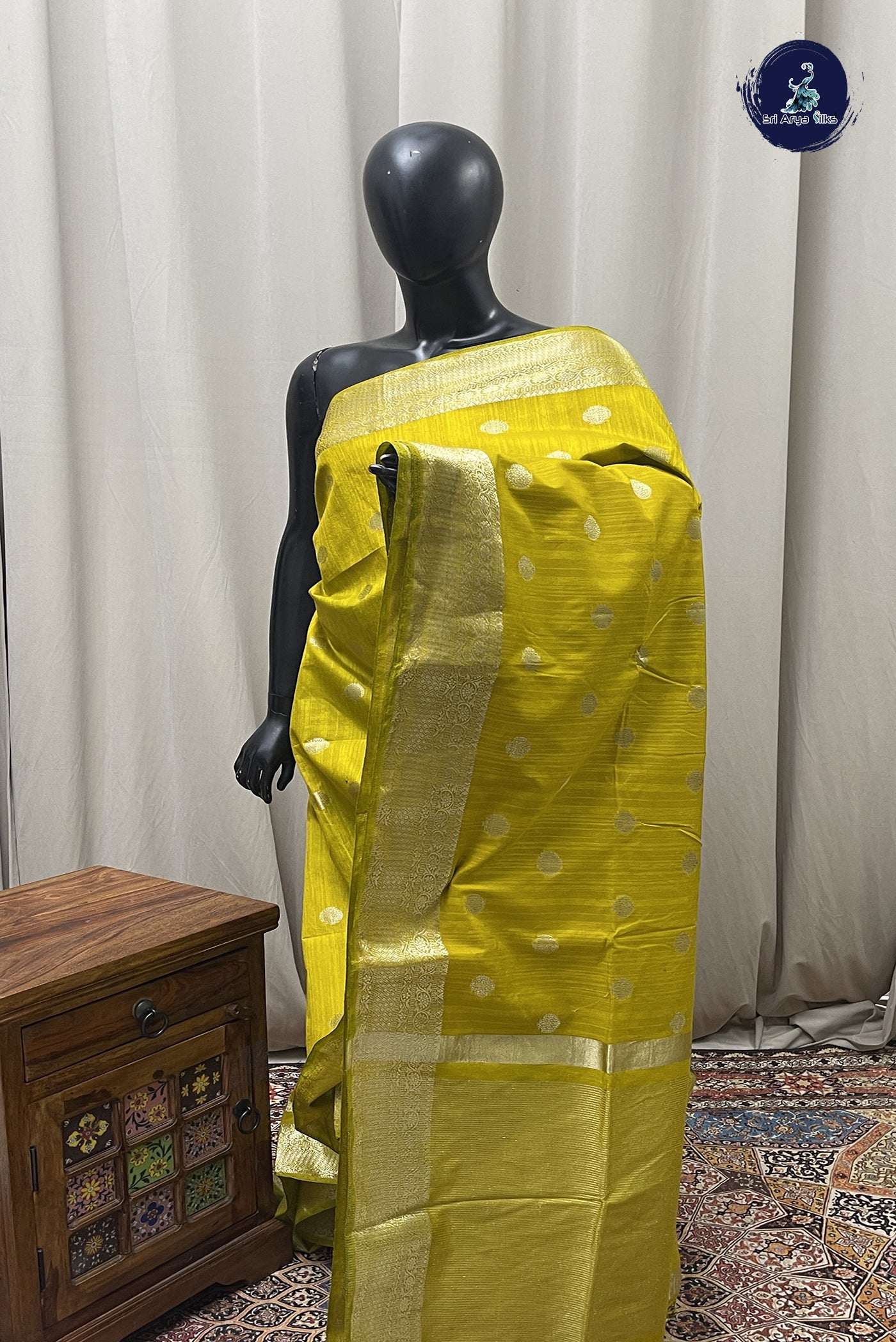 Mustard Yellow Semi Tussar Saree With Zari Buttas Pattern