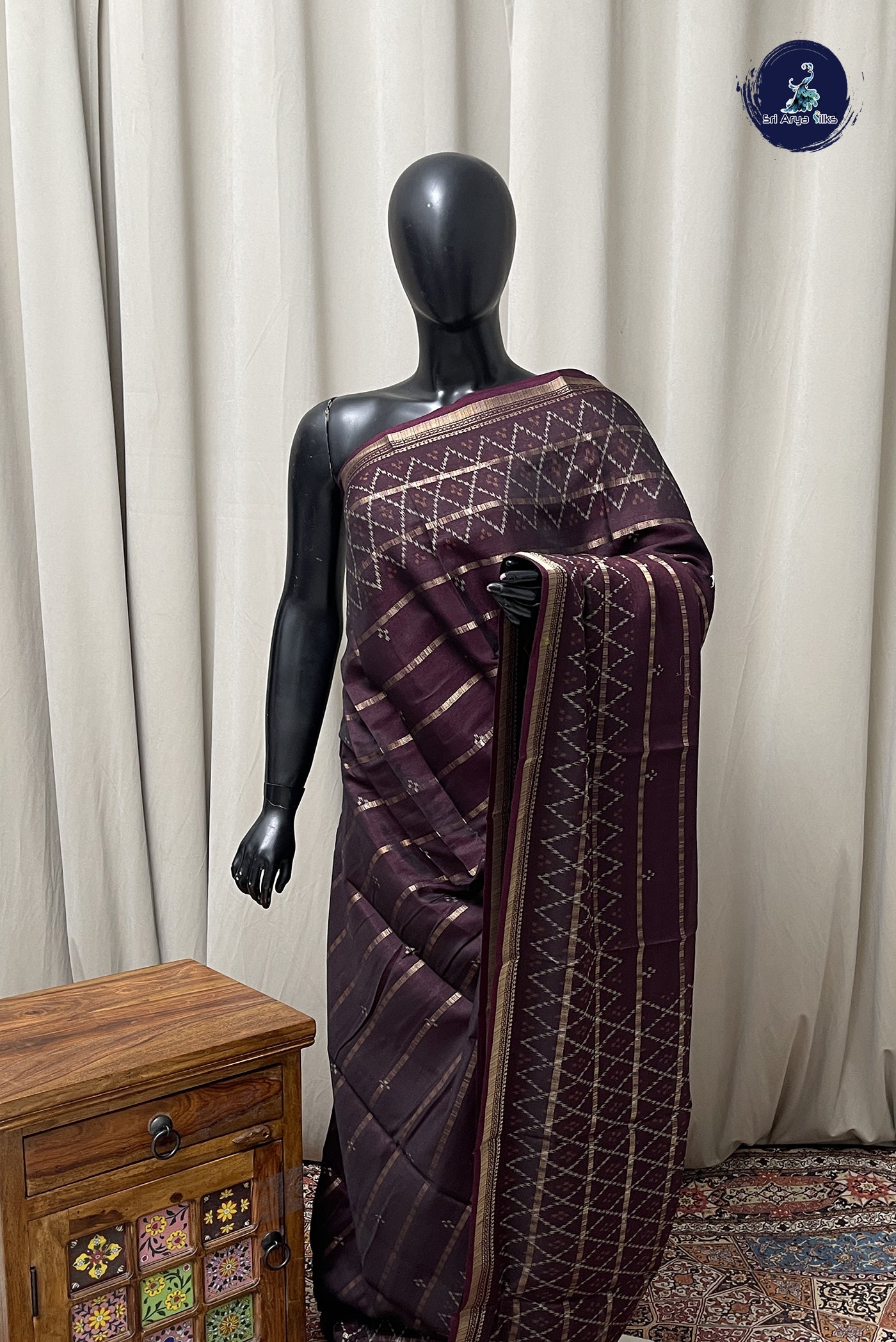 Burgundy Semi Crepe Silk Saree With Stripes Pattern