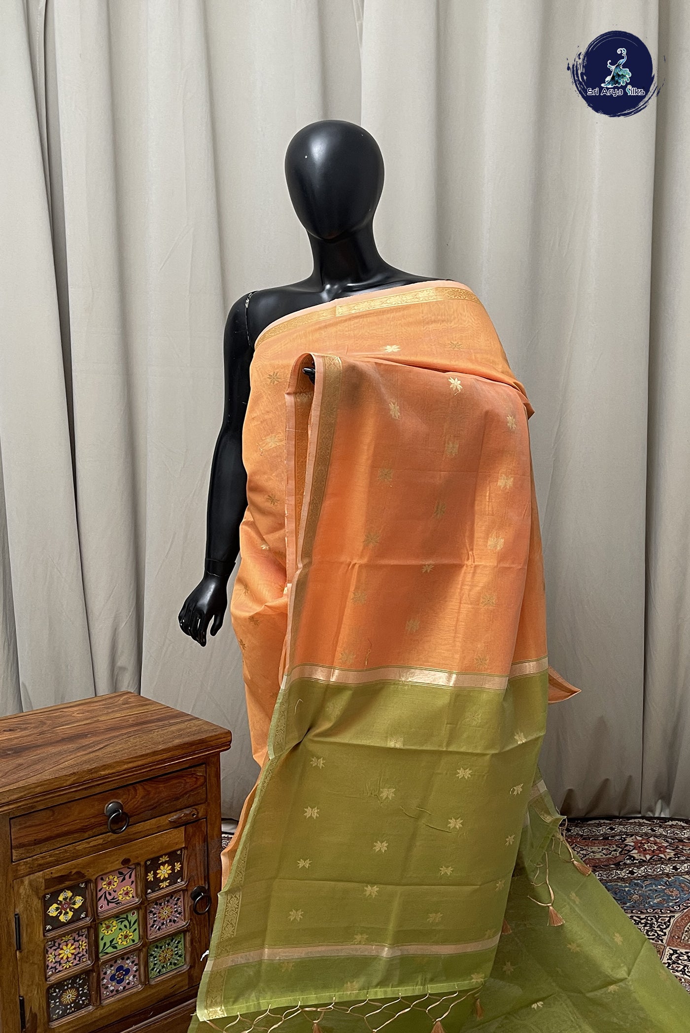 Orange Maheshwari Silk Saree With Zari Buttas Pattern