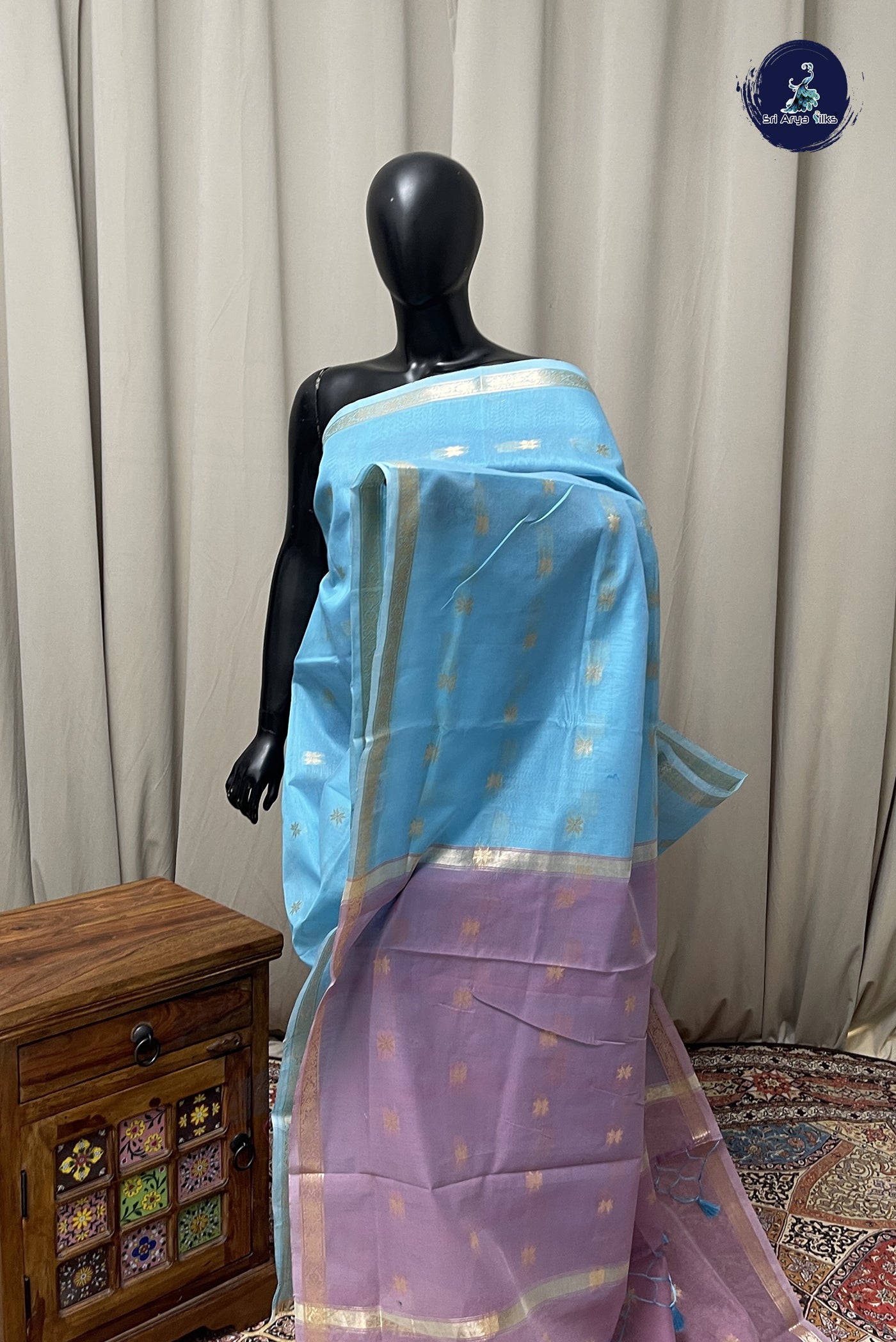 Blue Maheshwari Silk Saree With Zari Buttas Pattern