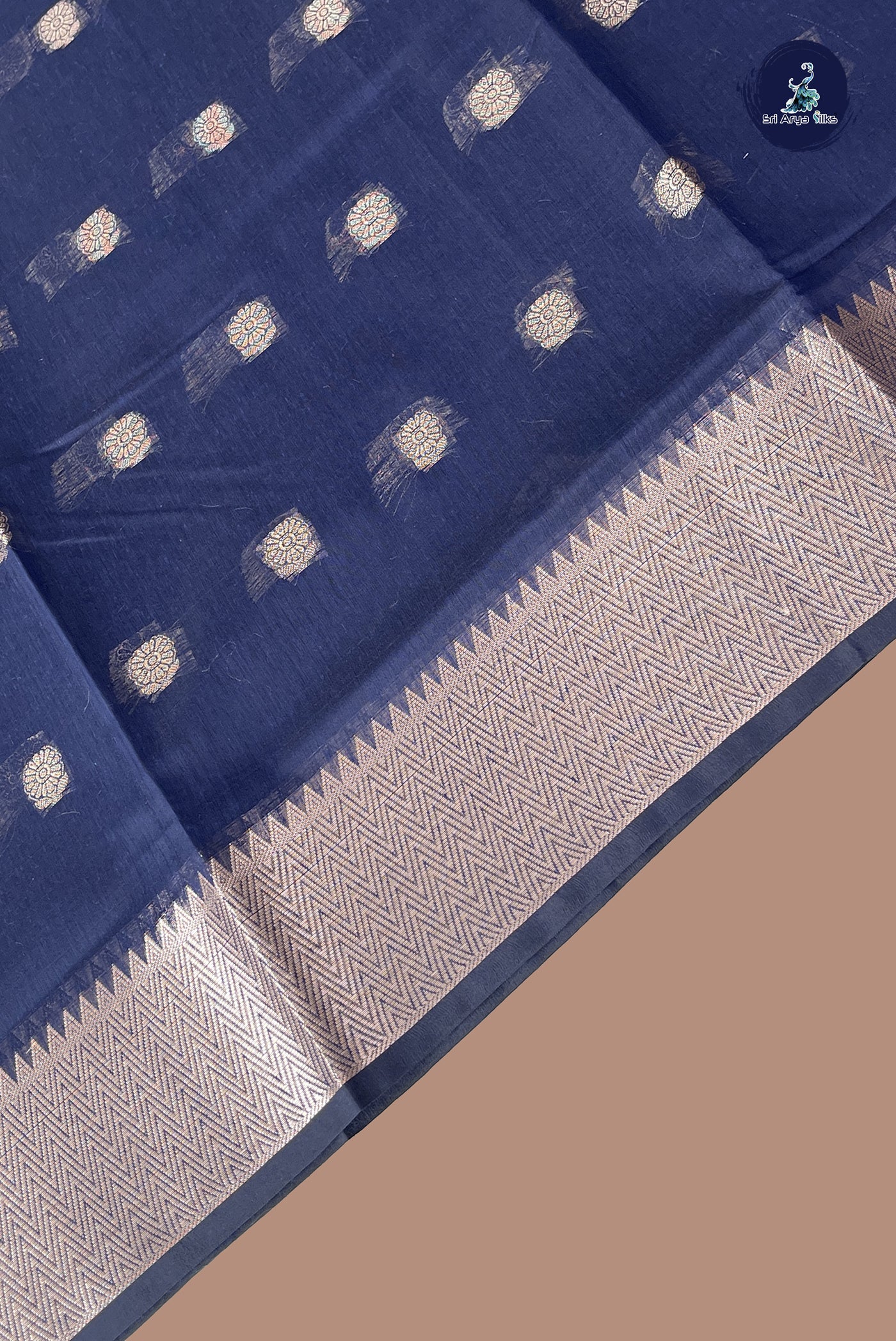 Navy Blue Maheshwari Silk Saree With Zari Buttas Pattern