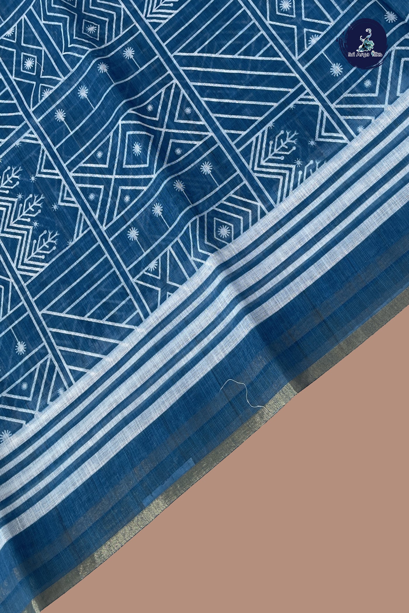 Blue Linen Saree With Printed Pattern