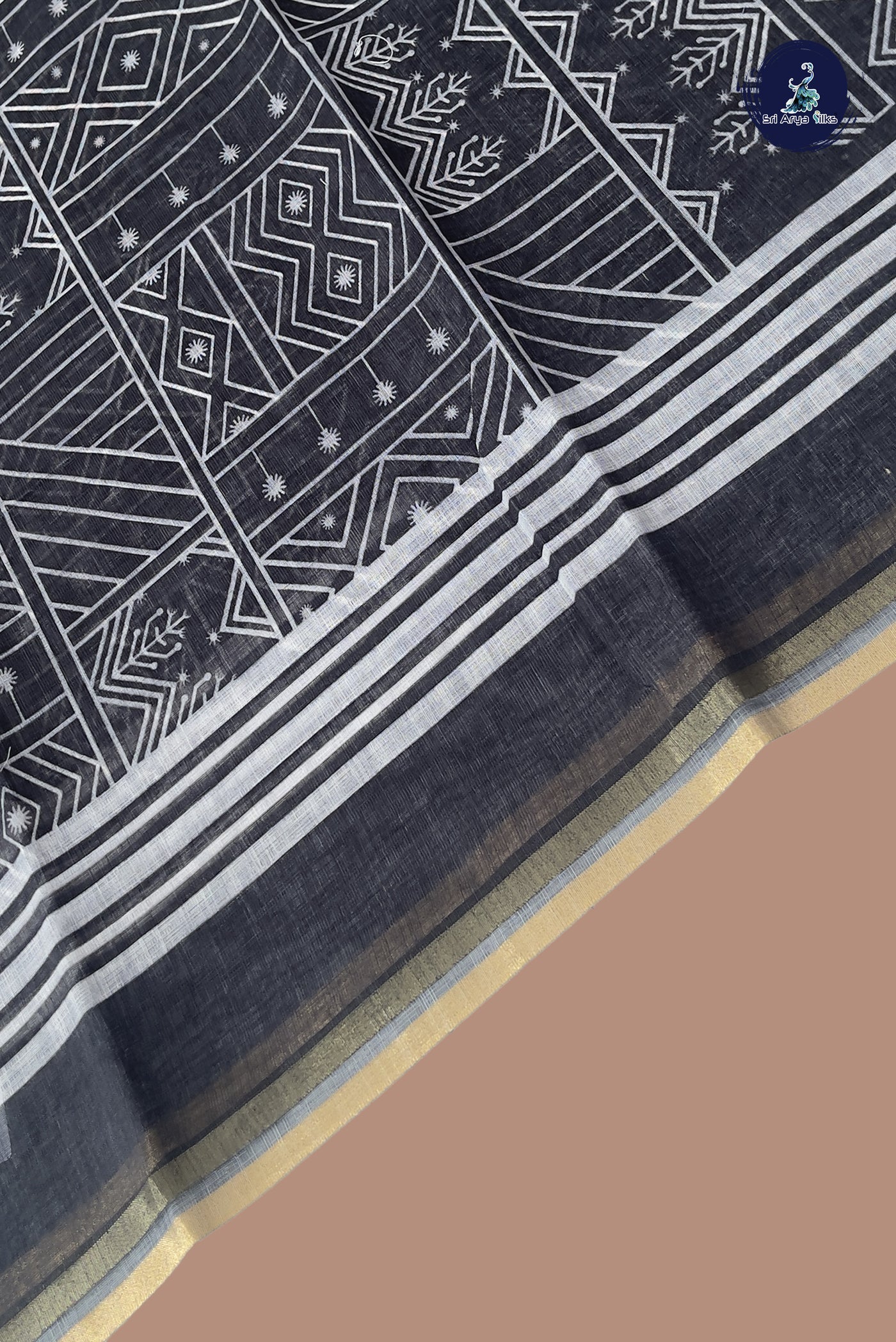Black Linen Saree With Printed Pattern